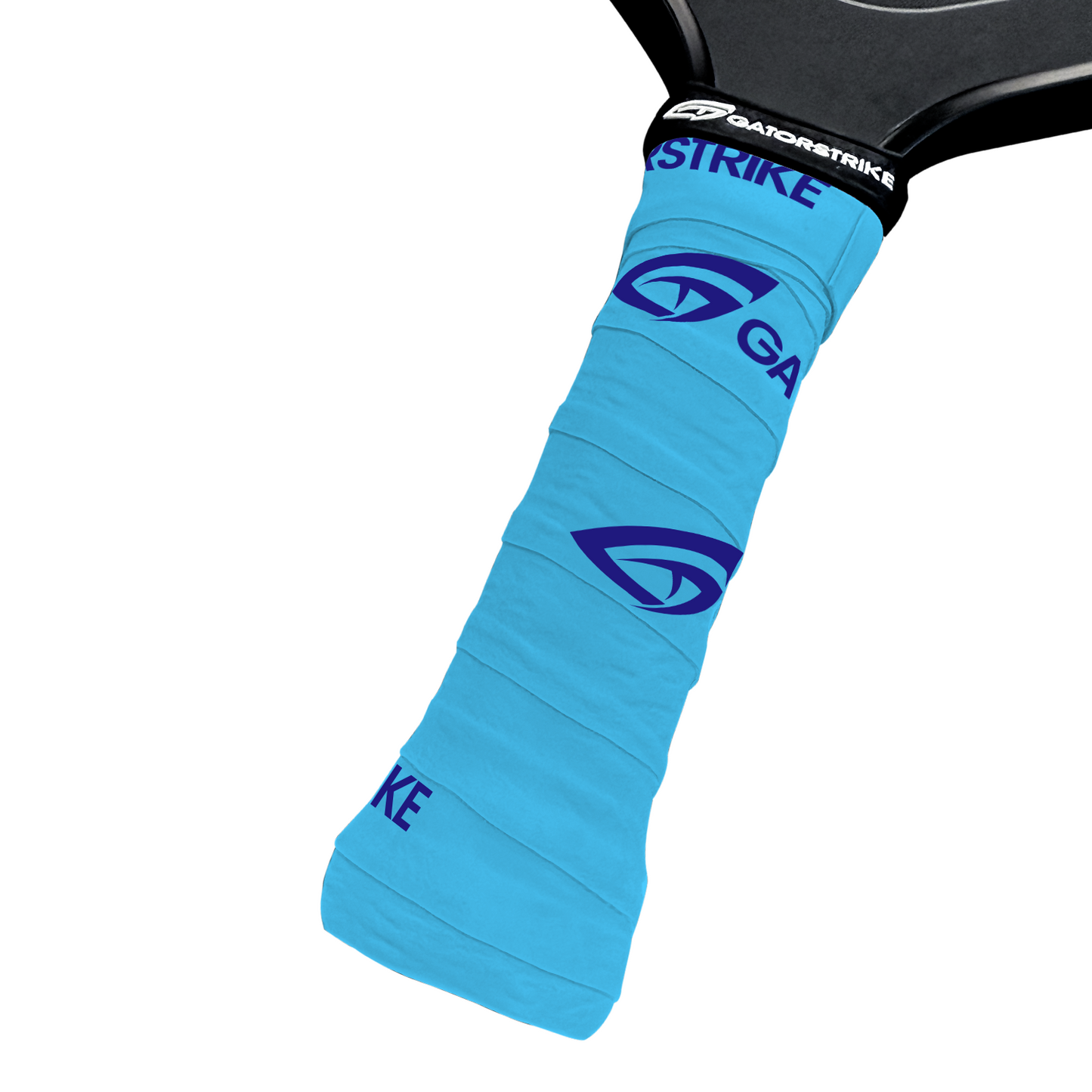 A close-up of a black pickleball paddle handle wrapped in GATORSTRIKE™ Tacky Over Grips (3 Pack) shows bright blue grip tape with dark blue GATORSTRIKE logos. The white background highlights the handle and part of the paddle face.