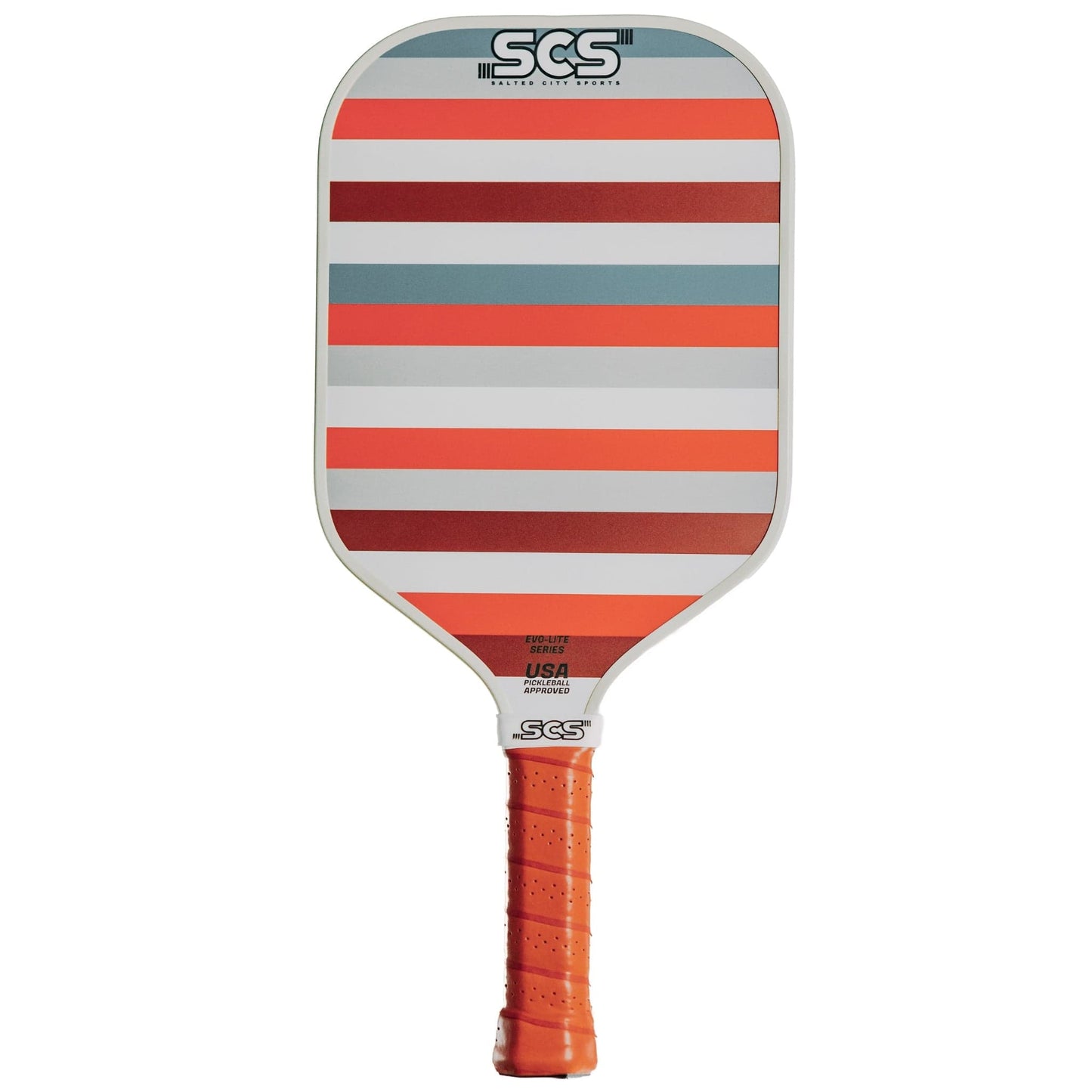 The Slade | Evo-Lite Series paddle by Salted City Sports has a rounded rectangular face with red, orange, white, and gray stripes, an orange grip on a white background, the “SCS” logo, and is USA Pickleball approved.