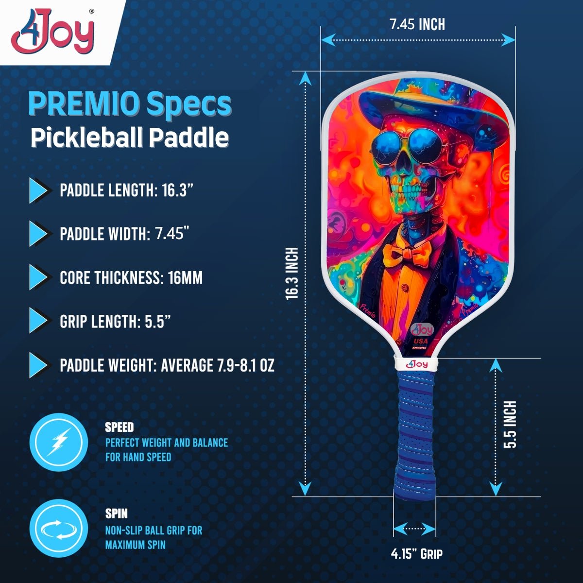 The SlimJim 4Joy Pickleball Paddle Premio Series features a colorful carbon fiber design with a psychedelic skull in a hat and sunglasses. Specs: 16.3"L, 7.45"W, 16mm core, 5.5" grip, 4.15" circumference, and weighs 7.9–8.1 oz by 4Joy Paddles.