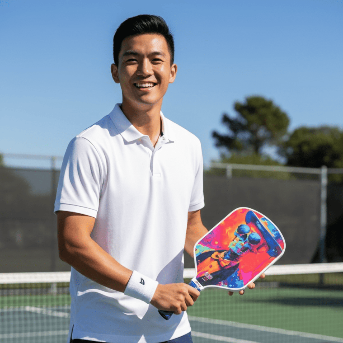 A smiling man in a white polo shirt holds the SlimJim 4Joy Pickleball Paddle Premio Series by 4Joy Paddles on an outdoor court. Trees and a fence frame the bright, sporty scene under a clear blue sky.