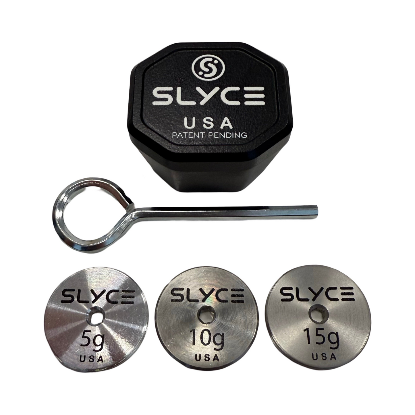 A Slyce Sport SLYCE Adjustable Weighted SpeedCap (26g-41g) Paddle Performance Enhancer with a black octagonal case, metal loop tool, and three engraved aircraft aluminum weights (5g, 10g, 15g) is displayed on a white background.