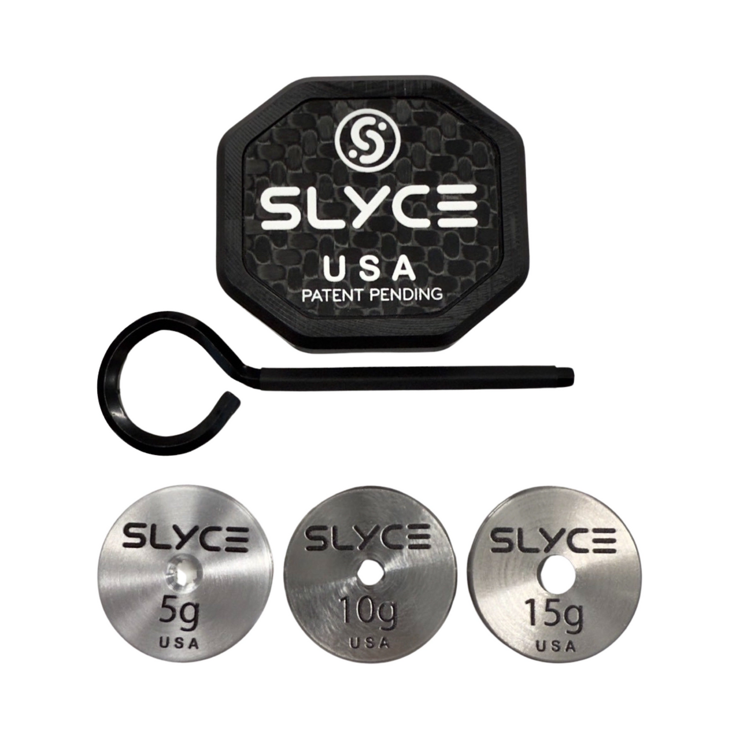The SLYCE Adjustable Weighted SpeedCap LW by Slyce Sport is shown with a black octagonal case, hooked tool, and three metal weights (15g, 20g, 30g), designed as a paddle performance enhancer and carbon fiber cap replacement.