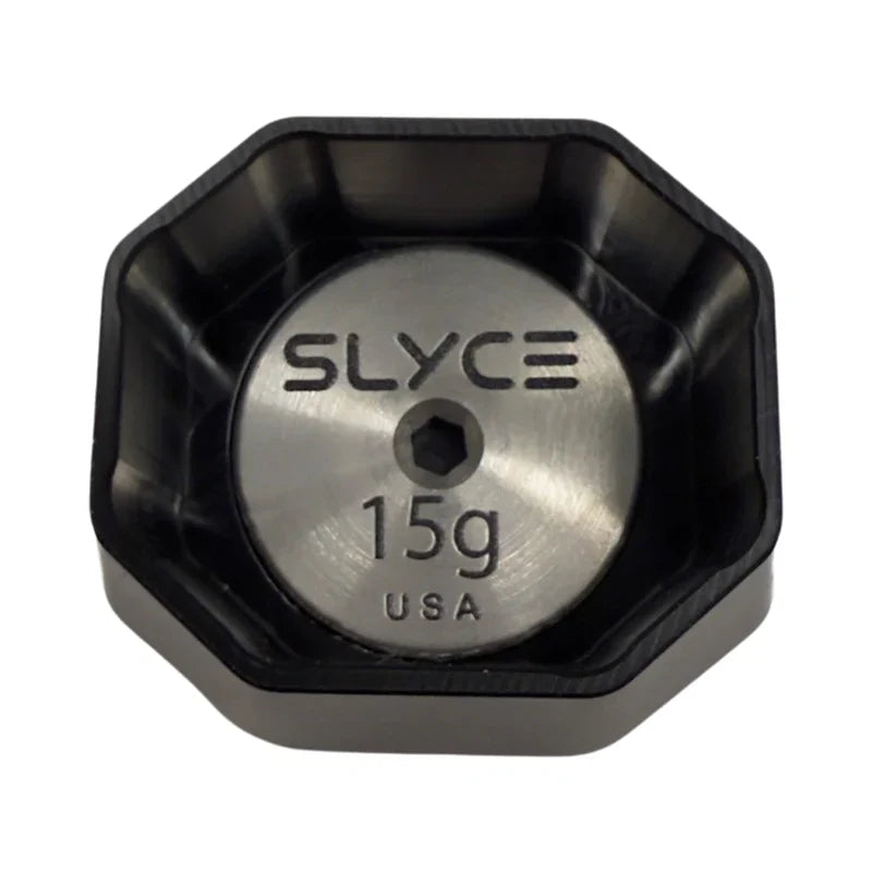 The Slyce Sport SLYCE Adjustable Weighted SpeedCap LW (15g-30g) is a black and silver octagonal disc for pickleball paddle grips, featuring a metal center engraved with SLYCE, 15g, and USA, plus a small central hole.