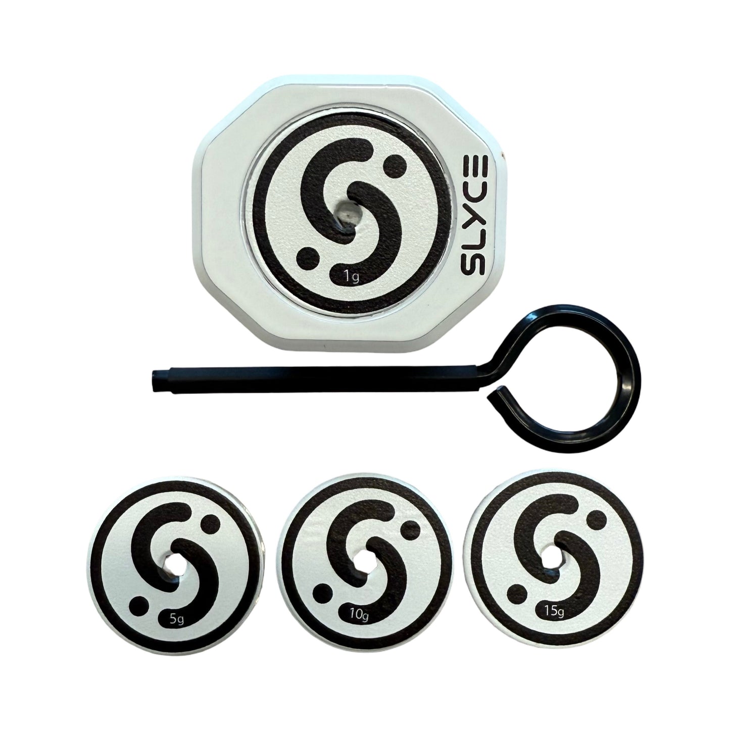 A set of round metal weights (1g, 5g, 10g, 15g) with black swirls is shown with an aircraft aluminum SpeedCap and a black key, arranged below a white hexagonal Slyce Sport SLYCE Weighted SpeedCap (21g-36g) holder.