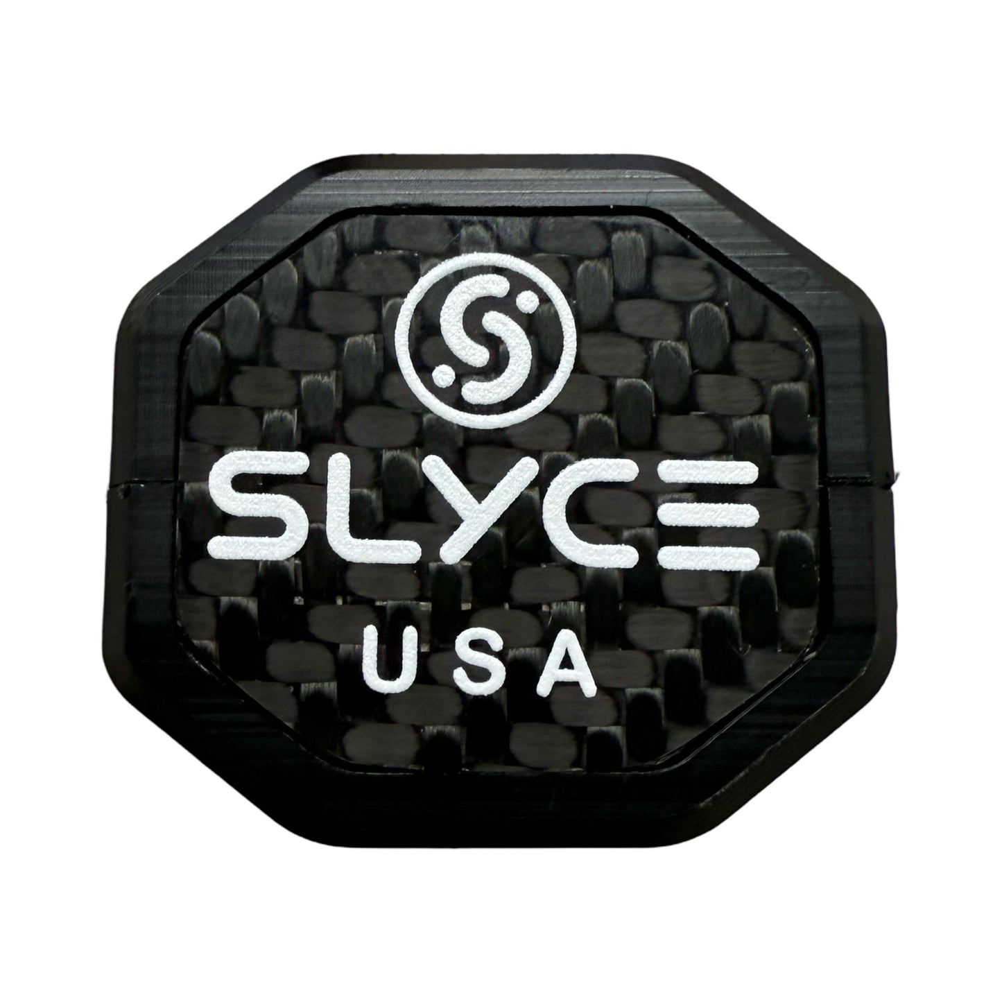 A black, octagonal weighted butt-cap featuring a textured carbon-fiber pattern displays the Slyce Sport logo above bold white "SLYCE" and "USA" text—an element of the SLYCE Gearbox (14g) SpeedCap Paddle Performance Enhancer.