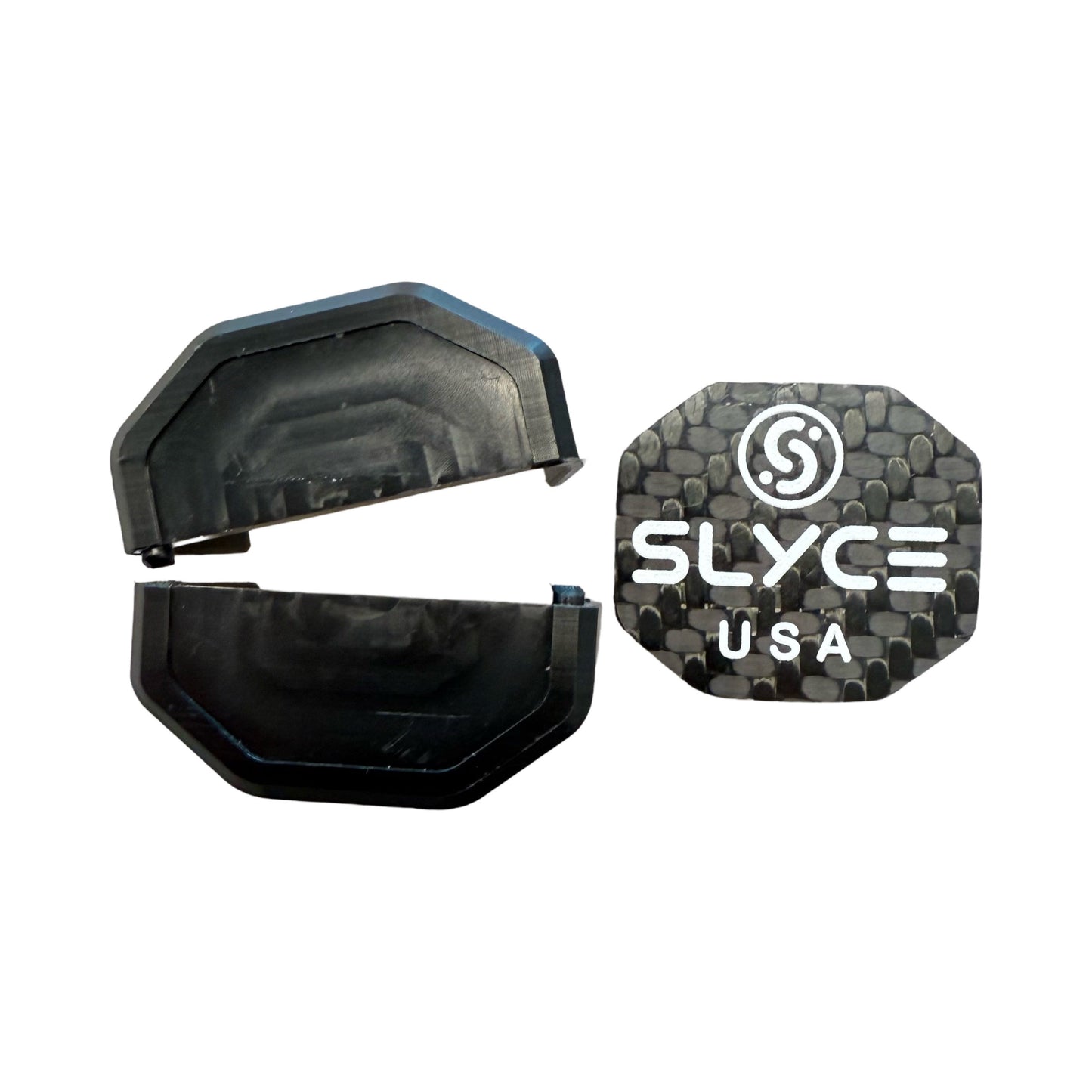 Two black SLYCE Sport Gearbox (14g) SpeedCap Paddle Performance Enhancers are shown—one open, one closed. The closed cap features a carbon fiber-textured surface with the SLYCE USA logo, ideal for customizing pickleball paddle butt-caps.
