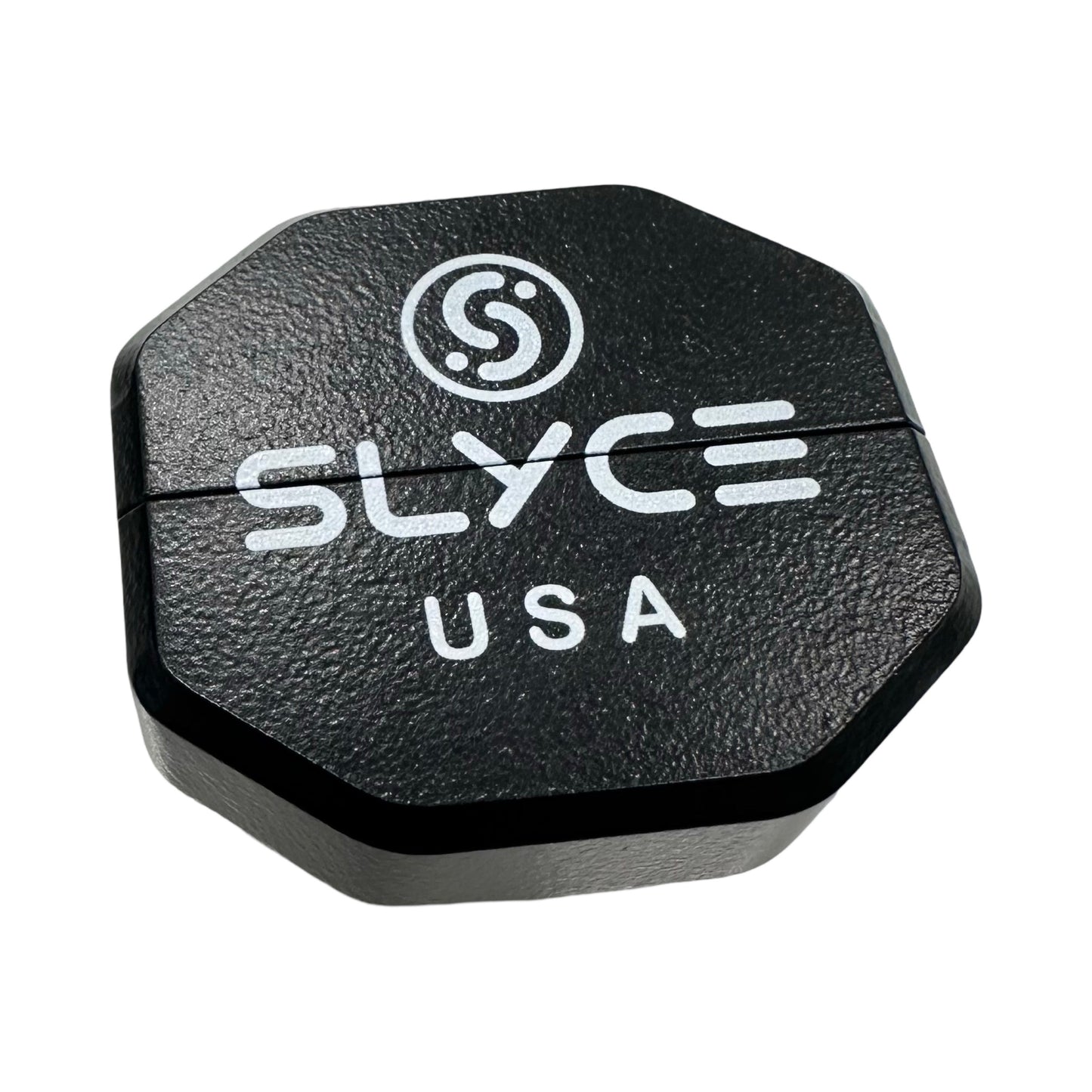 A black, octagonal hard-shell case with textured surface and “SLYCE USA” in white above an abstract "S" logo. Perfect for storing your Slyce Sport Gearbox (26g) SpeedCap Paddle Performance Enhancer or pickleball accessories.
