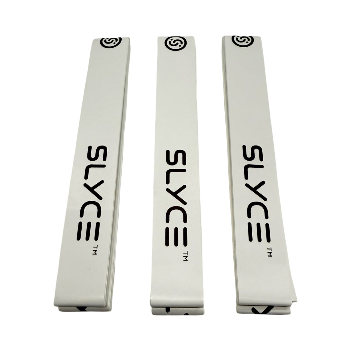 Three white, rectangular SLYCE Signature Edge Guard Tapes by Slyce Sport are arranged vertically. Each features “SLYCE” in bold black letters and a small black circular logo—ideal for protecting your paddle with style.