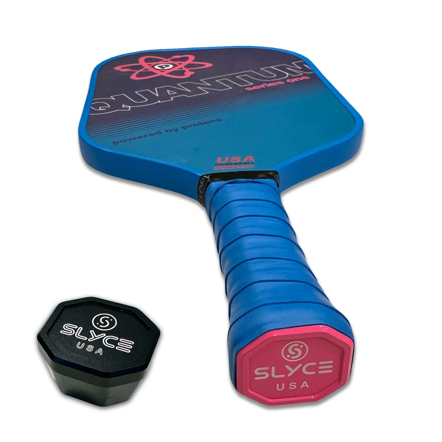 A blue Quantum pickleball paddle with a padded blue grip and weighted butt-cap is displayed on a white background, beside the Slyce Sport SLYCE SpeedCap SLIM (19g) Paddle Performance Enhancer in a black, octagonal container with white text. Both are new.