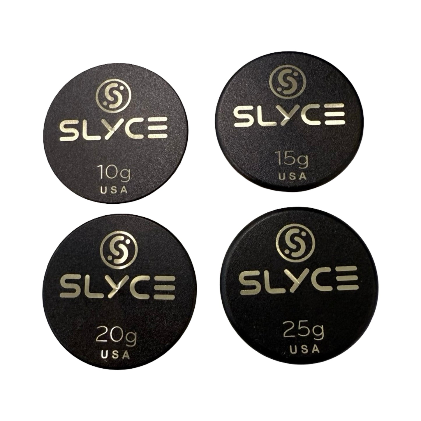 Four black circular SLYCE SpeedCoins Black Edition paddle handle weights by Slyce Sport display 10g, 15g, 20g, and 25g in gold text on precision machined brass, arranged in a square grid.