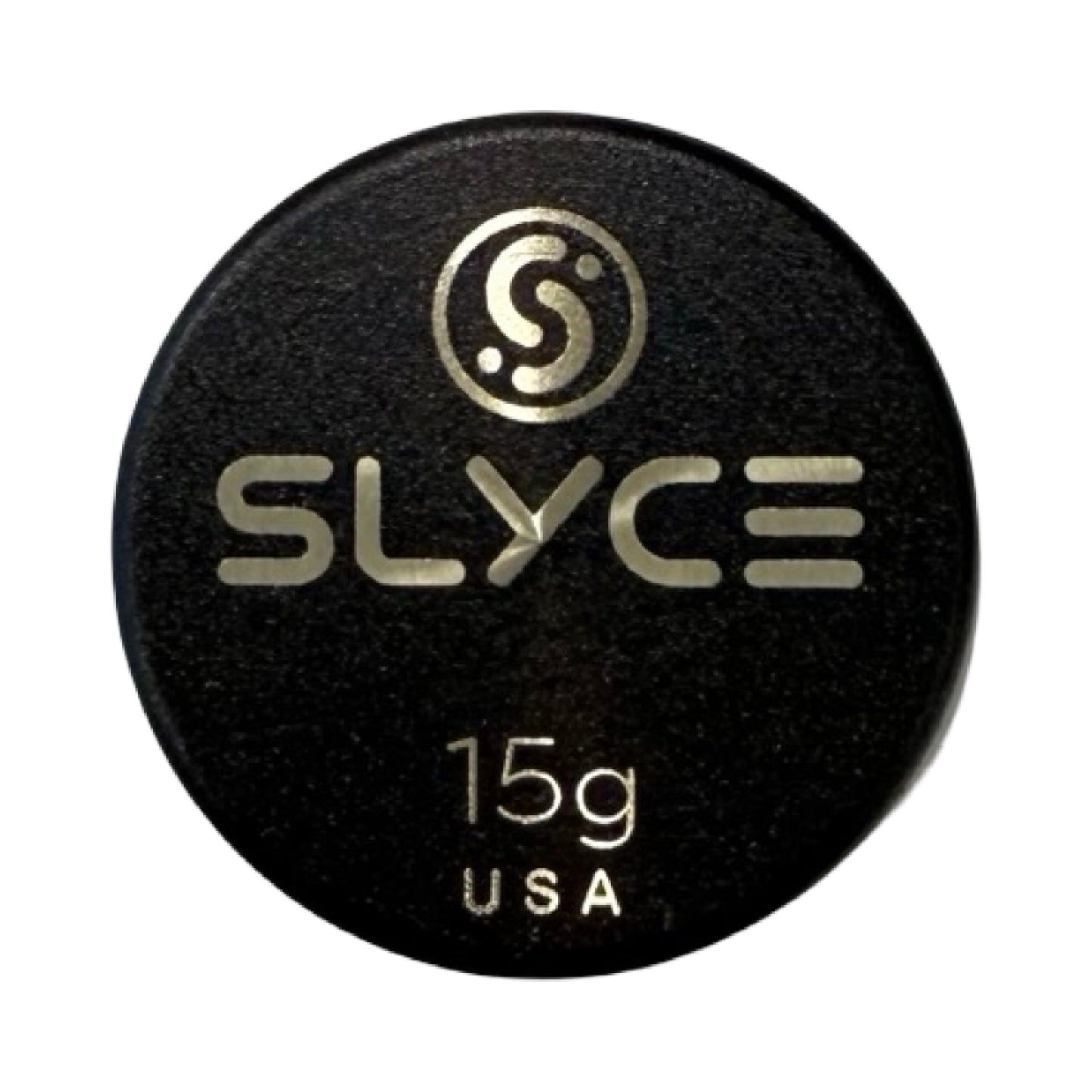 A black circular lid labeled “SLYCE” in silver with a stylized “S” logo and “15g USA” encloses SLYCE SpeedCoins Black Edition—pickleball paddle handle weights by Slyce Sport—shown against a dark background.