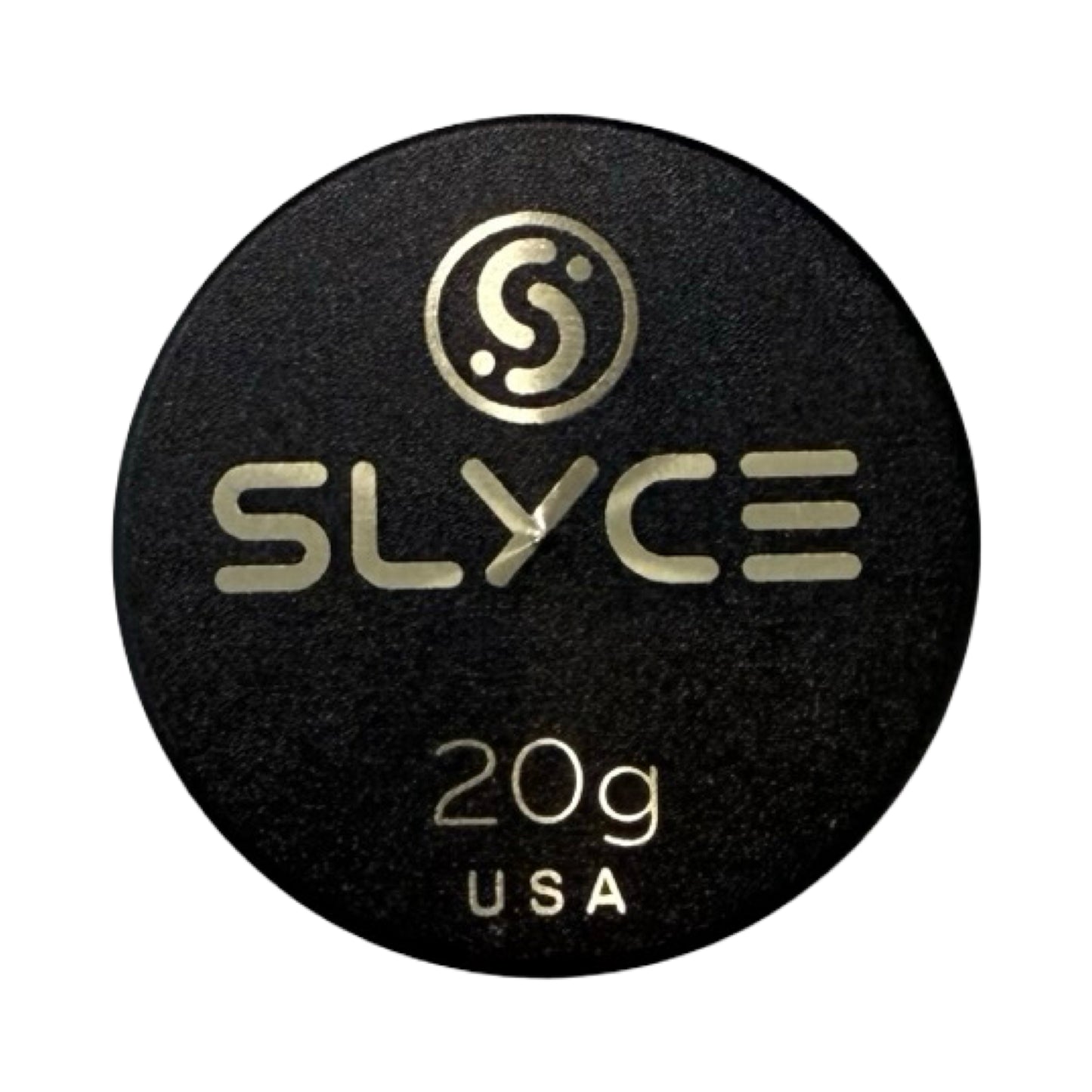 The SLYCE SpeedCoins Black Edition by Slyce Sport features a black circular brass lid with metallic “SLYCE” and a logo above. “20g USA SpeedCap Playing Weight” appears below in a modern, centrally aligned font, reflecting precision machining.