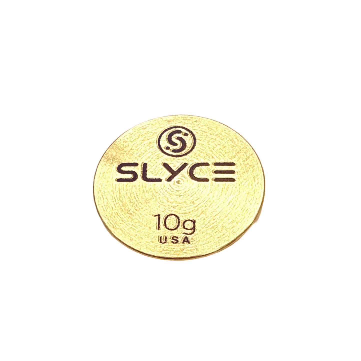 The SLYCE SpeedCoins by Slyce Sport are round, gold-colored brass pickleball paddle handle weights. Each coin displays the Slyce logo, bold "SLYCE" text, and "10g USA" engraving, set against a plain white background to showcase its quality.