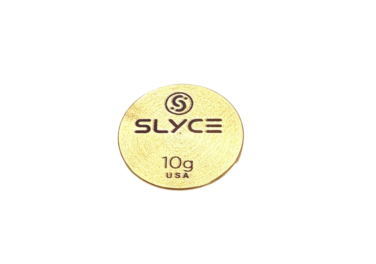 The Slyce Sport SLYCE SpeedCoins Pickleball Paddle Handle Weight is a round, gold brass coin with the SLYCE logo, “SLYCE” at the center, and “10g USA” below, shown on a white background.