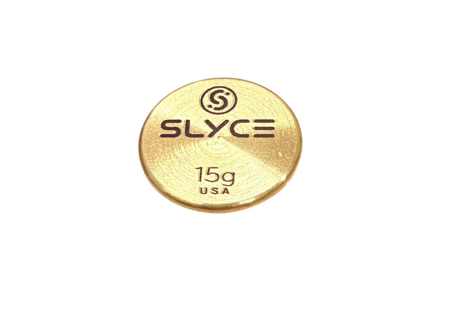 The Slyce Sport SLYCE SpeedCoins Pickleball Paddle Handle Weight is a round, gold-toned brass disc engraved with "SLYCE," a stylized S logo above, and "15g USA" below—shown as a premium paddle butt cap weight on white.