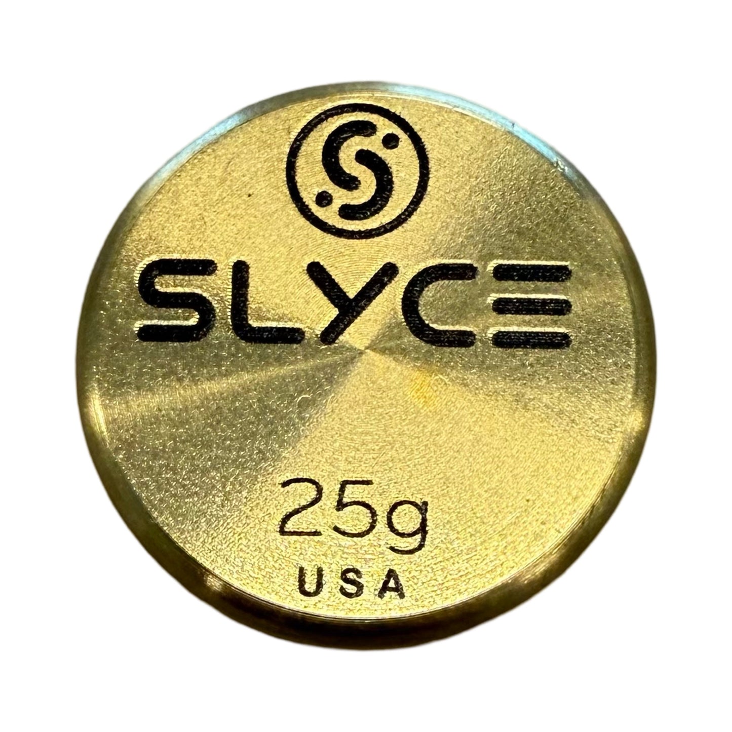 The SLYCE SpeedCoin by Slyce Sport is a polished, gold-colored brass handle weight for pickleball paddles, precision-machined with "SLYCE," its logo, and "25g USA" engraved on the metallic surface with concentric circular patterns.