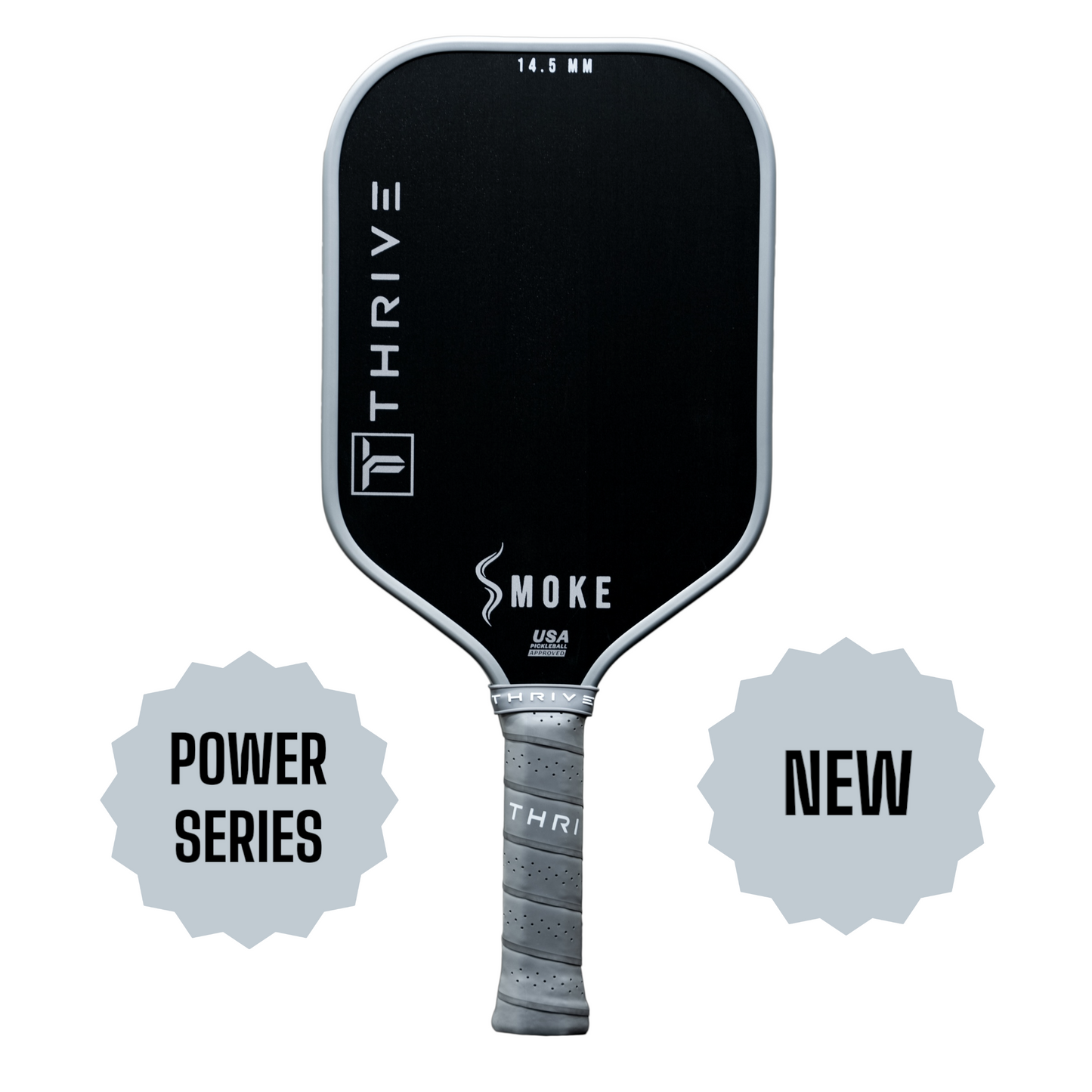 A black Thrive Pickleball SMOKE 14.5 MM (POWER SERIES) paddle with a gray handle is centered on a white background. "14.5 MM" appears at the top; starbursts read "POWER SERIES" and "NEW." Paddle includes head cover and accessories.