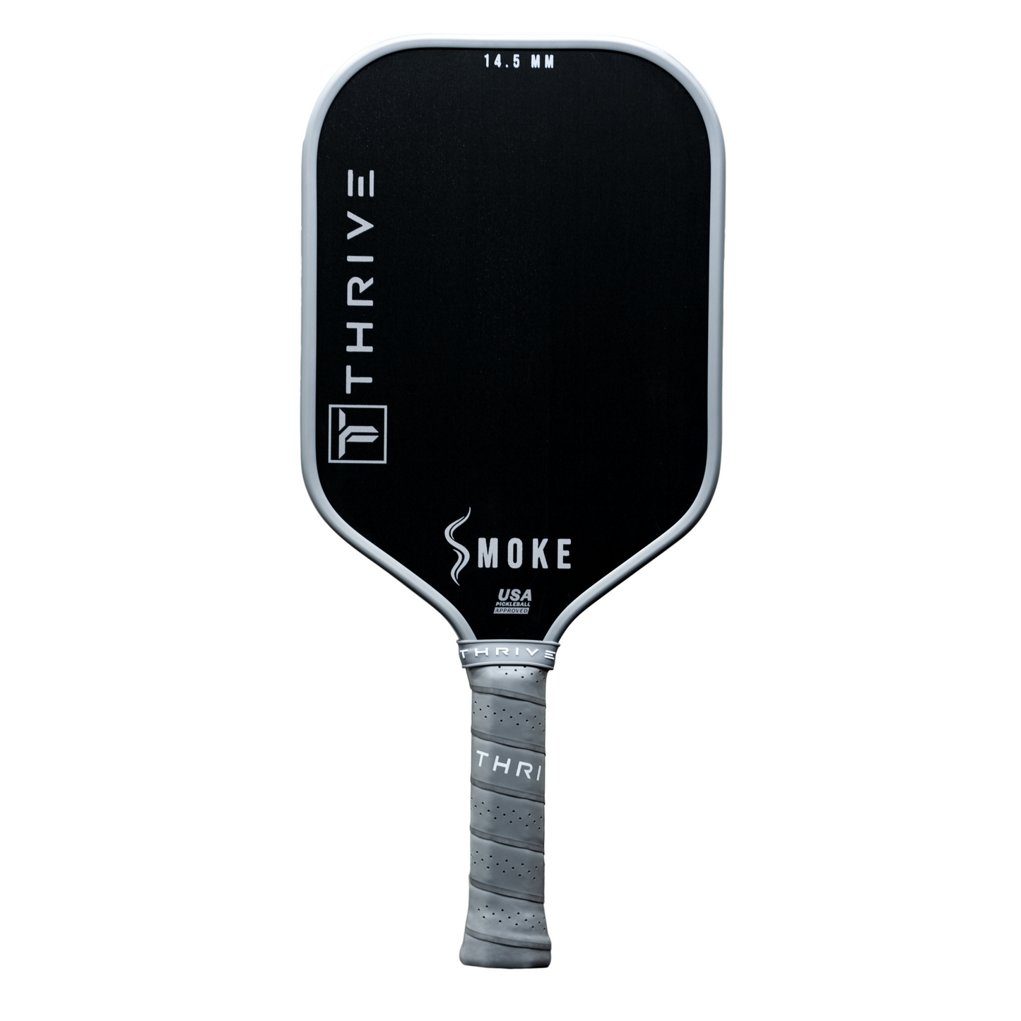 The Thrive Pickleball SMOKE 14.5 MM Power Series paddle features a black carbon fiber rectangular shape with rounded edges, a gray grip, white logos, and comes with head cover, lead weights, eraser, keychain, sticker & weight card (SW 120).