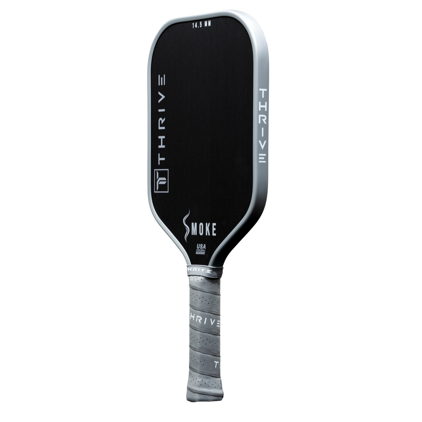 The SMOKE 14.5 MM (POWER SERIES) by Thrive Pickleball is a black carbon fiber paddle with a gray edge, gray handle with THRIVE on the grip, SMOKE near the base, and vertical THRIVE branding. Includes head cover and accessories.