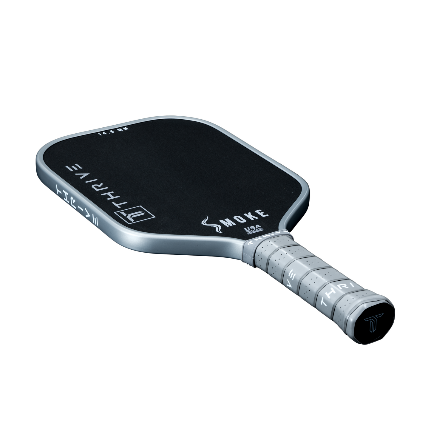 The SMOKE 14.5 MM (POWER SERIES) paddle by Thrive Pickleball features a black and silver carbon fiber design, gray grip with a black Thrive logo, and comes with a head cover, lead weights, eraser, key chain, sticker, and weight card.