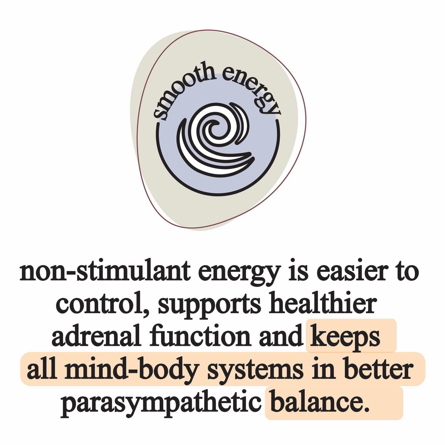 A circular emblem with "smooth energy" surrounds a spiral. Below, bold text reads: elemental mushroom blend by Roots Apothecary—non-stimulant energy from cordyceps extract supports healthy adrenals and mind-body parasympathetic balance. Key phrases are highlighted.