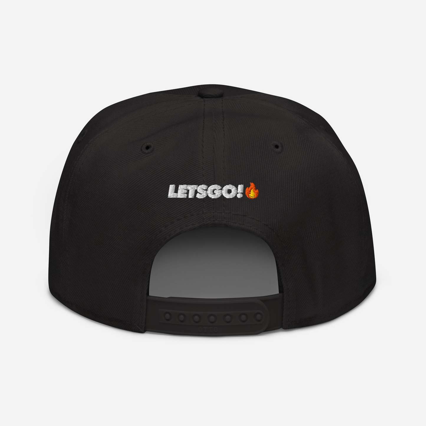 The CROWN PICKLEBALL - Corona Snap-back Hat (Black) by Crown Pickleball is shown from the back, displaying white "LETSGO!" embroidery and a small flame emoji above the adjustable strap on a plain white background.