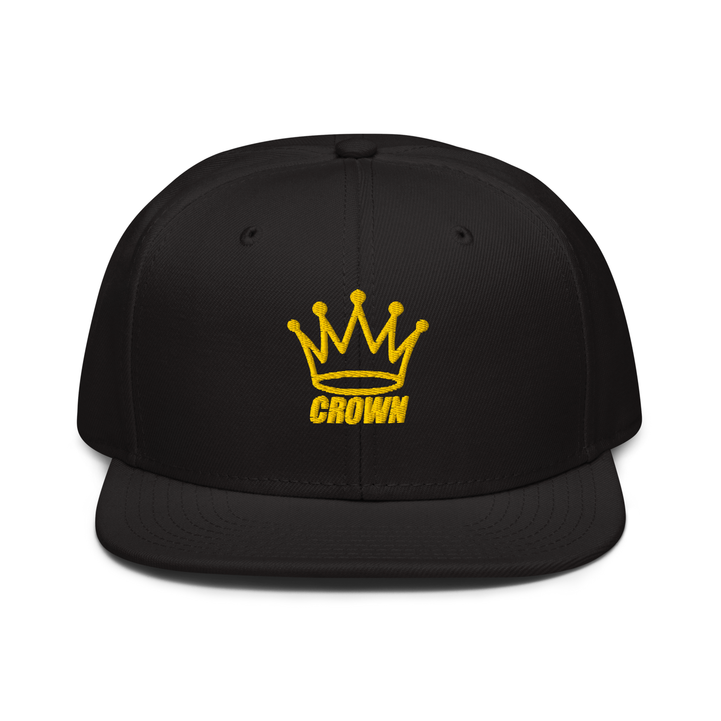 The Crown Pickleball - Corona Snap-back Hat (Black) by Crown Pickleball is an adjustable black flat-brim hat. It features a yellow crown and "CROWN" embroidered in yellow on the front, shown from the front against a plain white background.