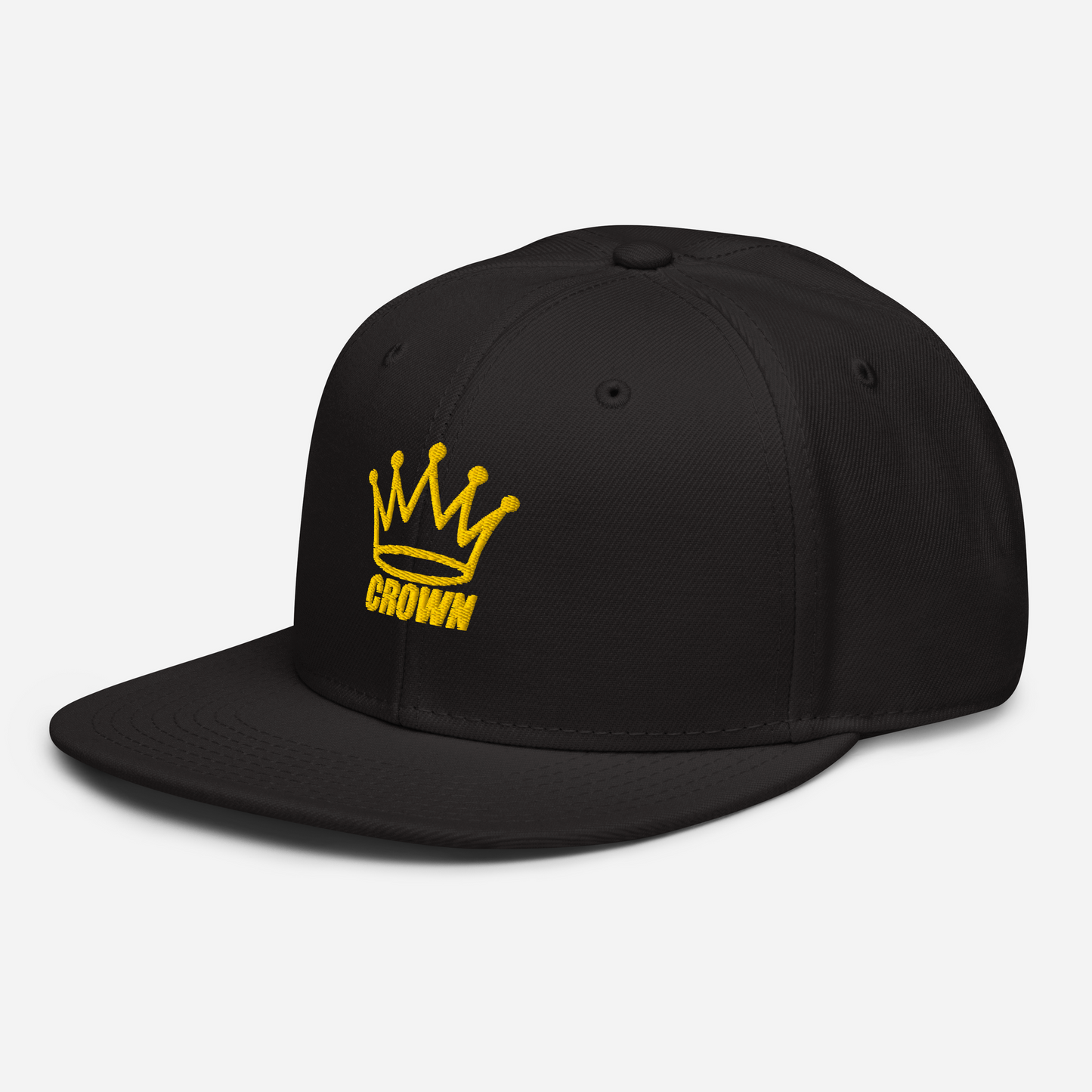 The CROWN PICKLEBALL - Corona Snap-back Hat (Black) by Crown Pickleball features a flat brim, yellow embroidered crown graphic with "CROWN" below, adjustable snap-back, and ventilation eyelets, displayed on a white background.