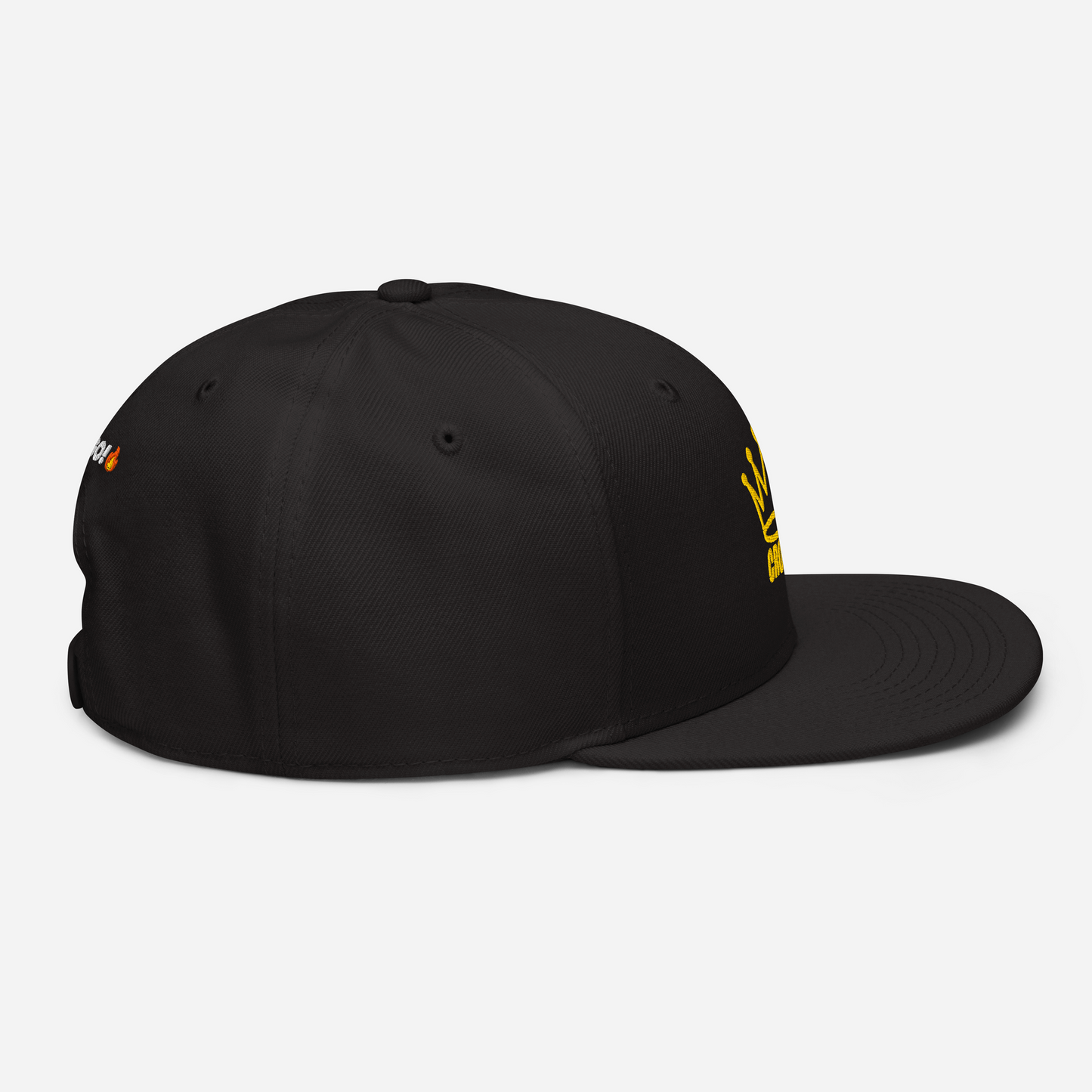 The Crown Pickleball Corona Snap-back Hat (Black) is shown in profile against a white background. This adjustable hat features a yellow embroidered crown and text on the front, plus a small orange, white, and black logo near the back.