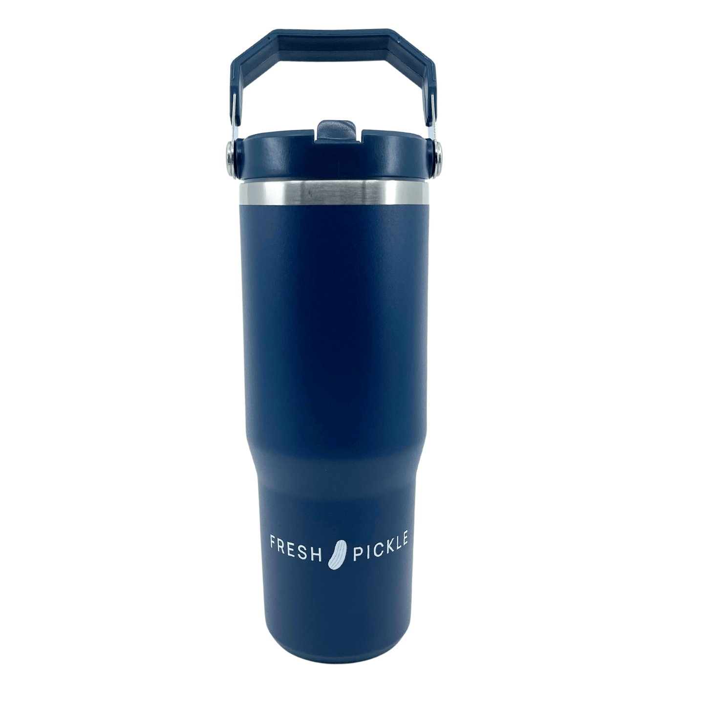 The Fresh Pickle Tumbler by Fresh Pickle is a navy vacuum-sealed tumbler with a black handle, silver rim, and "FRESH PICKLE" in white plus a small pickle icon on the front. The background is plain white.
