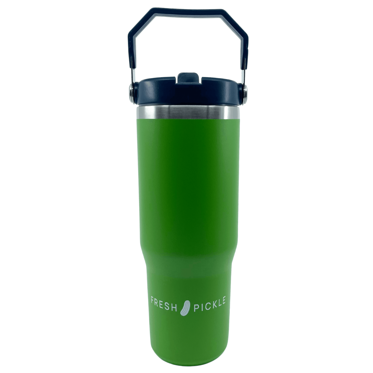 The Fresh Pickle Tumbler by Fresh Pickle is a tall, green 30 oz double-walled, vacuum-sealed water bottle with a silver rim, navy blue lid, black handle, and "FRESH PICKLE" plus a pickle graphic in white on the front. Plain white background.