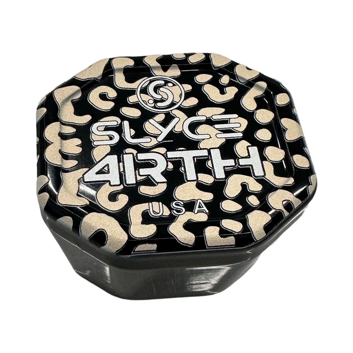 A black, octagonal Slyce Sport Special Edition 4rth Cheetah Black SpeedCap (28g) features metallic gold patterns, bold white “SLYCE 4RTH USA” text, and an abstract S logo on the lid—design inspired by an aircraft aluminum speed cap.