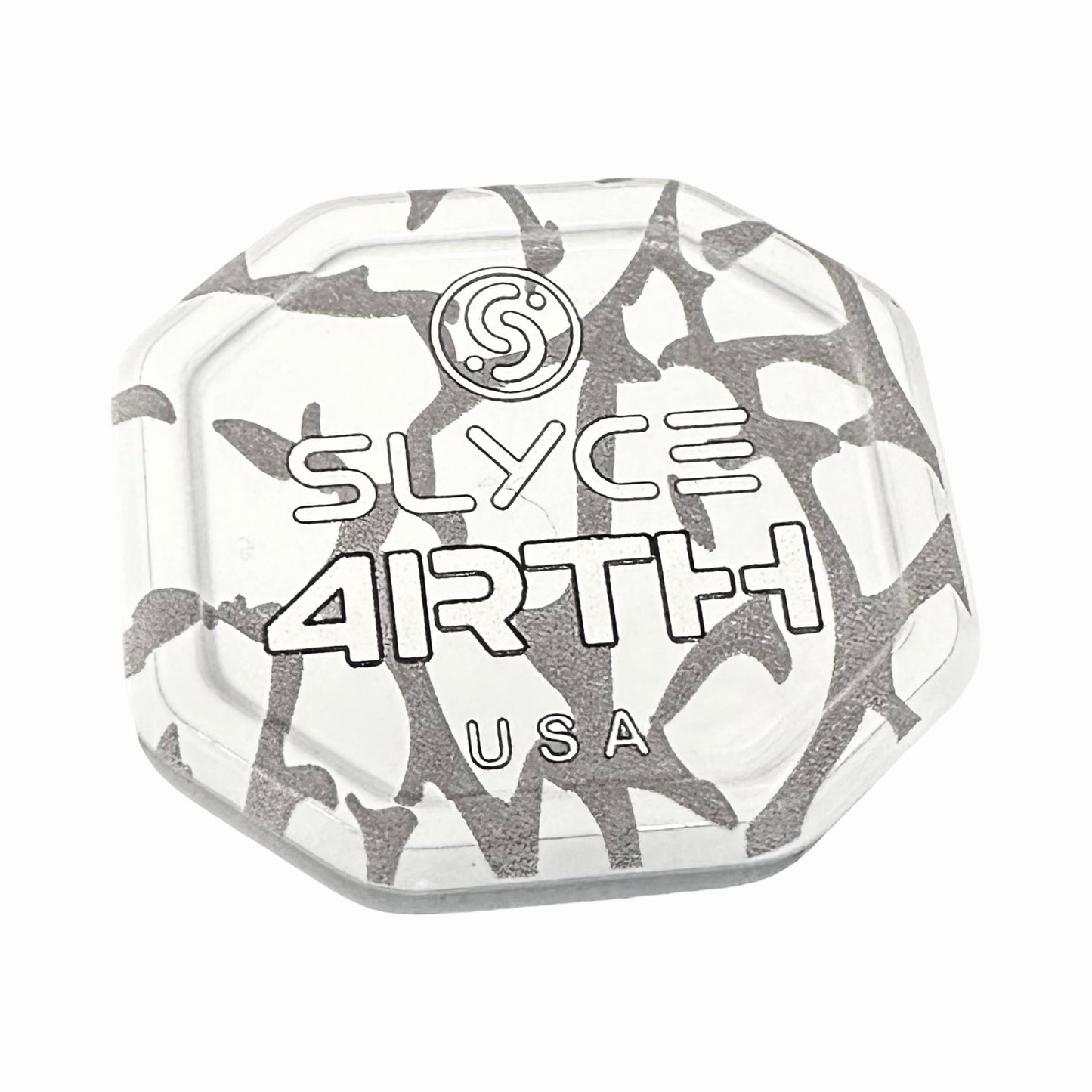 The Special Edition 4rth Elephant Print SpeedCap (28g) by Slyce Sport is a clear, octagonal 6061 aircraft aluminum paddle grip cap with gray abstract patterns and a bold logo—ideal for replacing your original cap and enhancing performance.