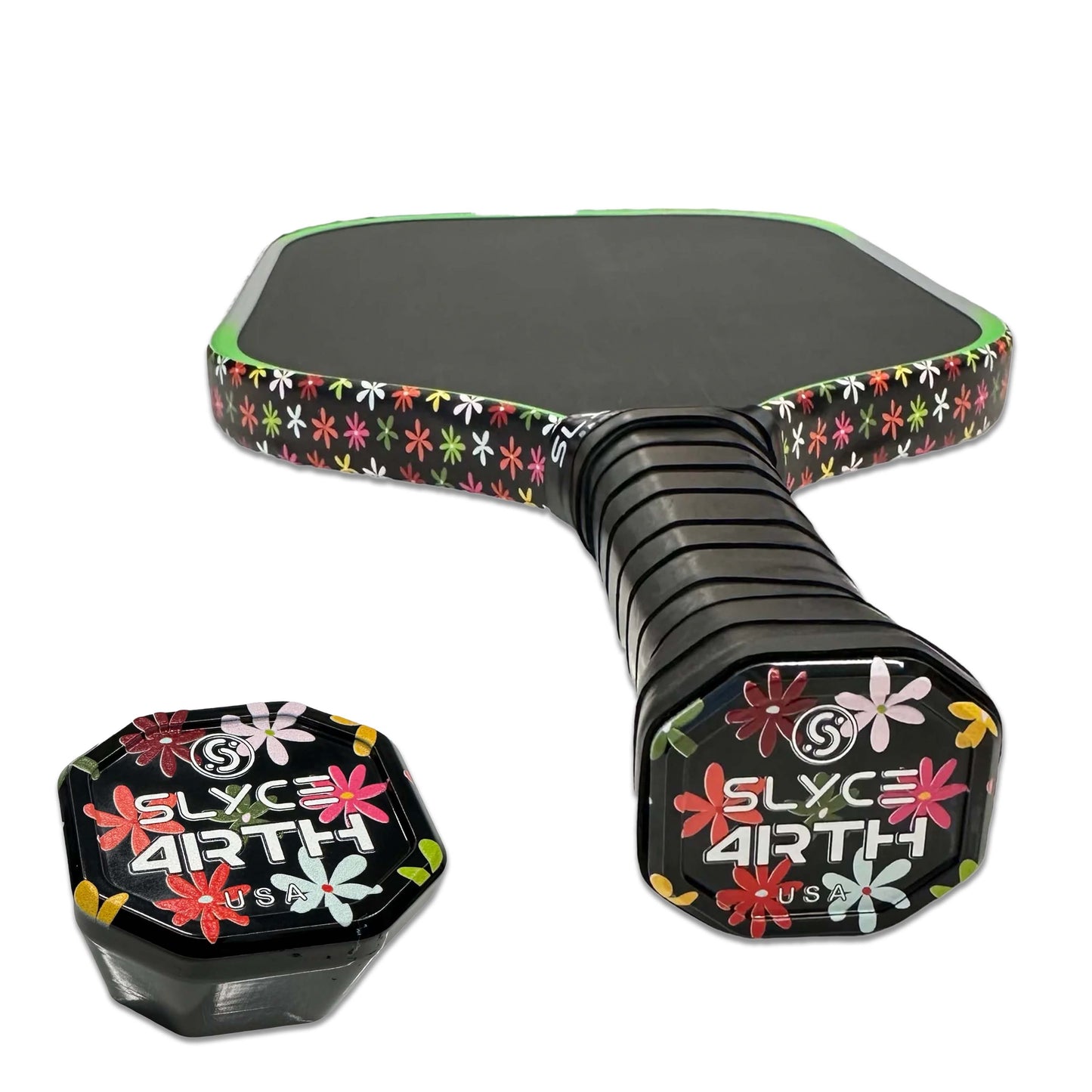 The Slyce Sport Special Edition 4rth Flowers SpeedCap (28g, 1.0 oz.) Paddle Performance Enhancer adds color and comfort to your black floral pickleball paddle, matching your style with a vibrant grip cap and hexagonal case.