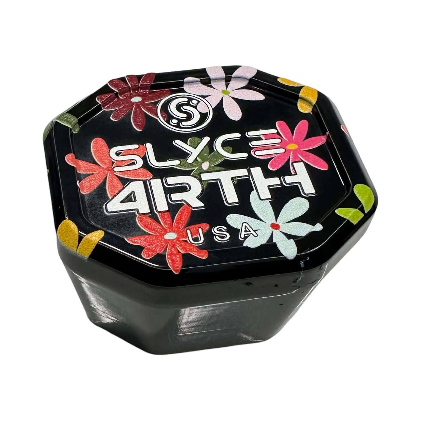 The Special Edition 4rth Flowers SpeedCap (28g, 1.0 oz.) by Slyce Sport is a black hexagonal paddle performance enhancer with red, pink, yellow, and green flowers and white "SLYCE 4RTH USA" text beneath an S logo. Container sides are visible.