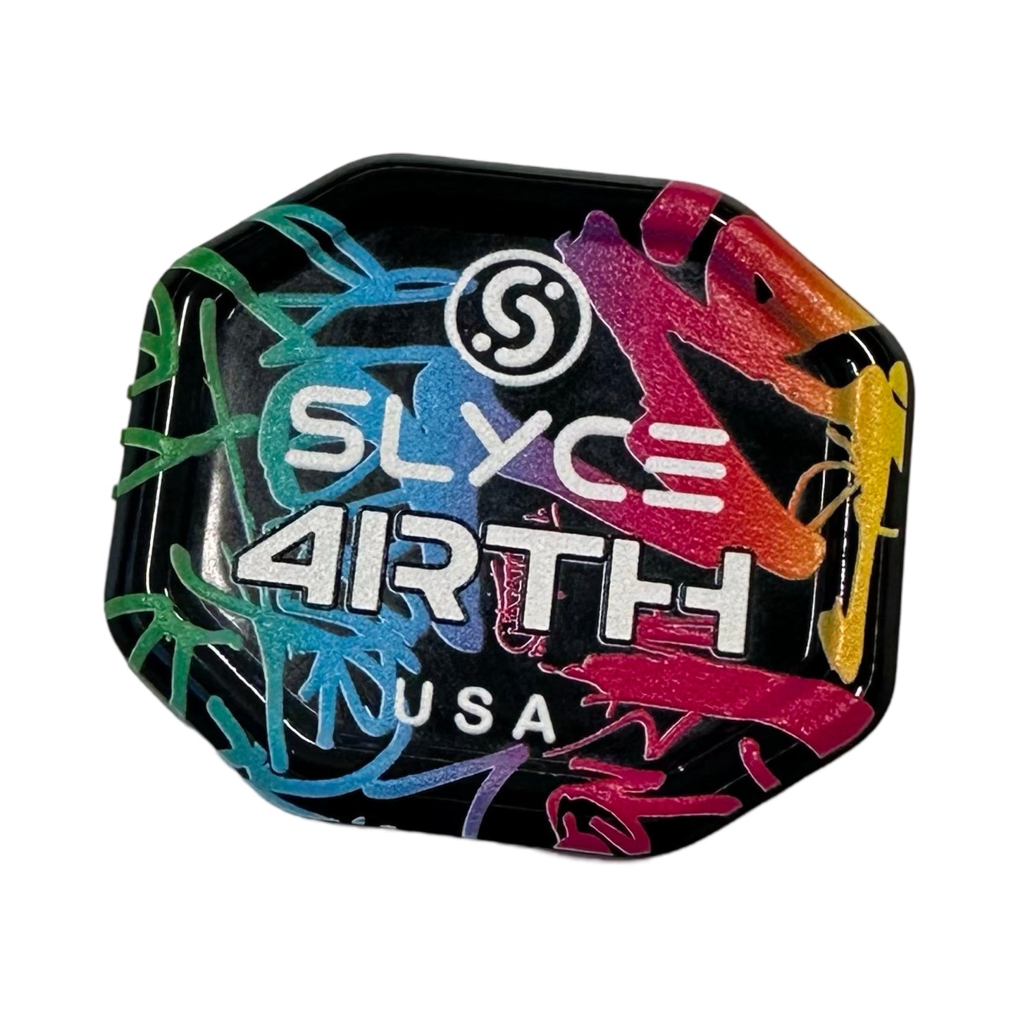 The Special Edition 4rth Graffiti Pink SpeedCap (28g, 1.0 oz.) by Slyce Sport features a black, octagonal design with bold white and silver "SLYCE 4RTH USA" text, surrounded by vibrant graffiti-inspired accents in red, green, blue, pink, and yellow.