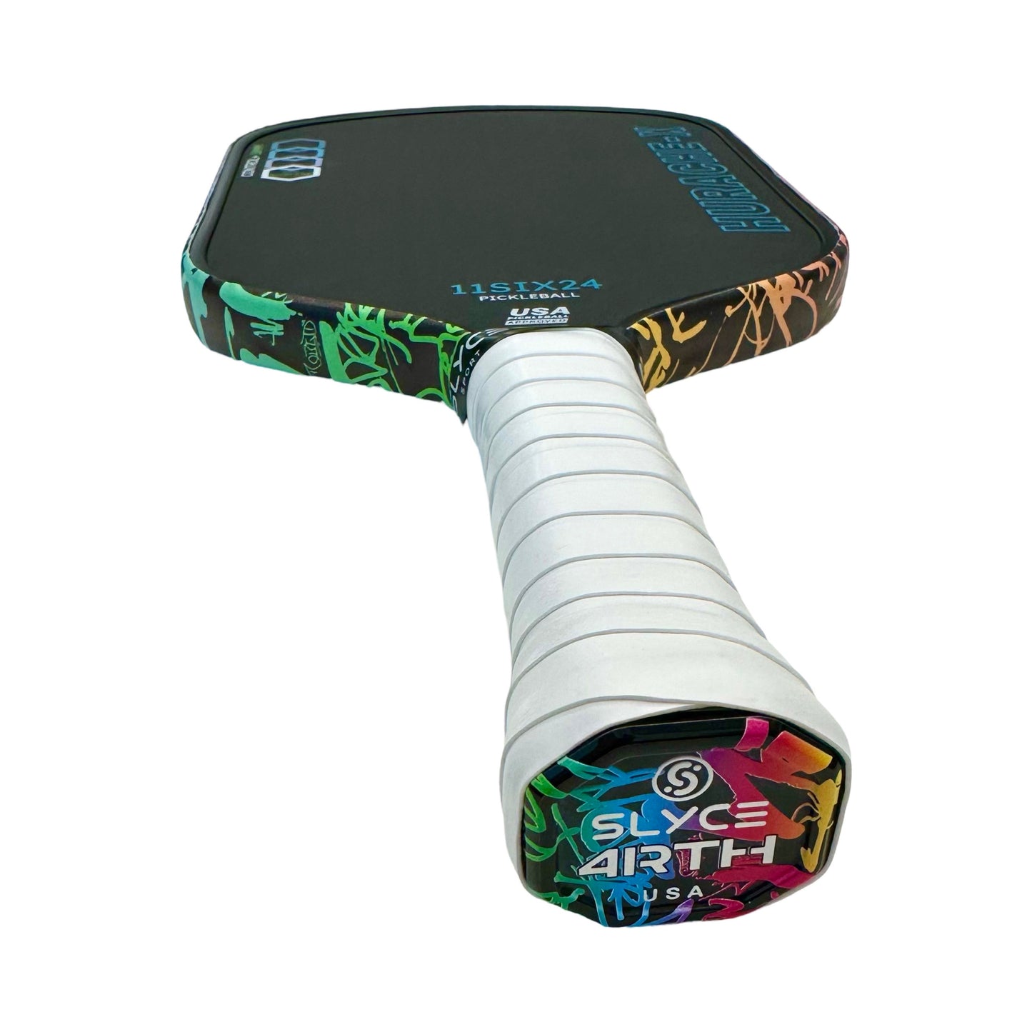 A close-up angled shot of a Slyce Sport Special Edition 4rth Graffiti Pink SpeedCap (28g, 1.0 oz.) Paddle Performance Enhancer shows its vibrant multicolor edges and grip cap labeled “SLYCE ARTH USA” in bright hues.