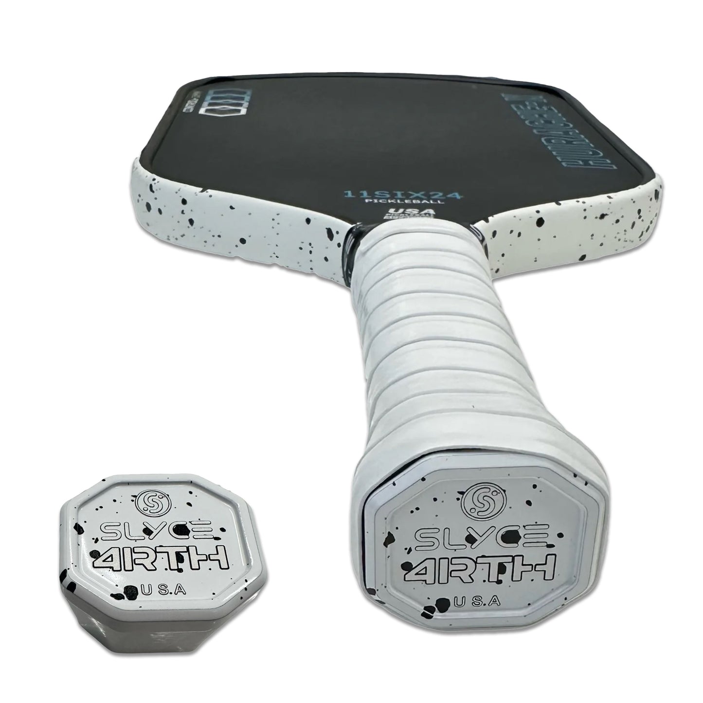 A Slyce Sport Special Edition 4rth Pickleball paddle and matching White/Black Paint SpeedCap (28g, 1.0 oz.) Paddle Performance Enhancer are shown, both with a black face, white edges speckled in black, and Slyce 4RTH U.S.A. text.