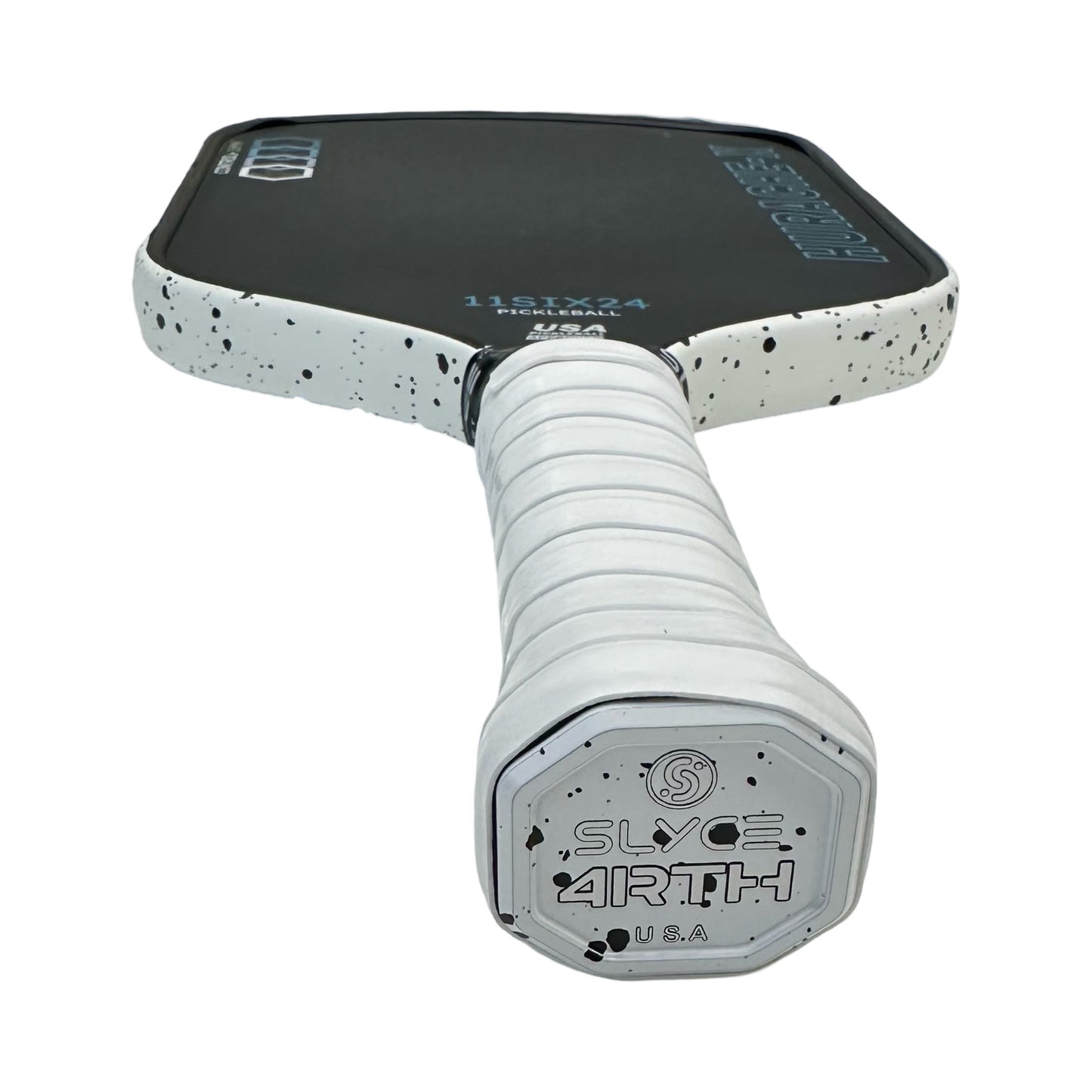 A close-up of Slyce Sport’s Special Edition 4rth Pickleball White/Black Paint SpeedCap (28g, 1.0 oz.) Paddle Performance Enhancer, featuring the “SLYCE 4RTH” logo and U.S.A. branding on a white paddle with black speckles.