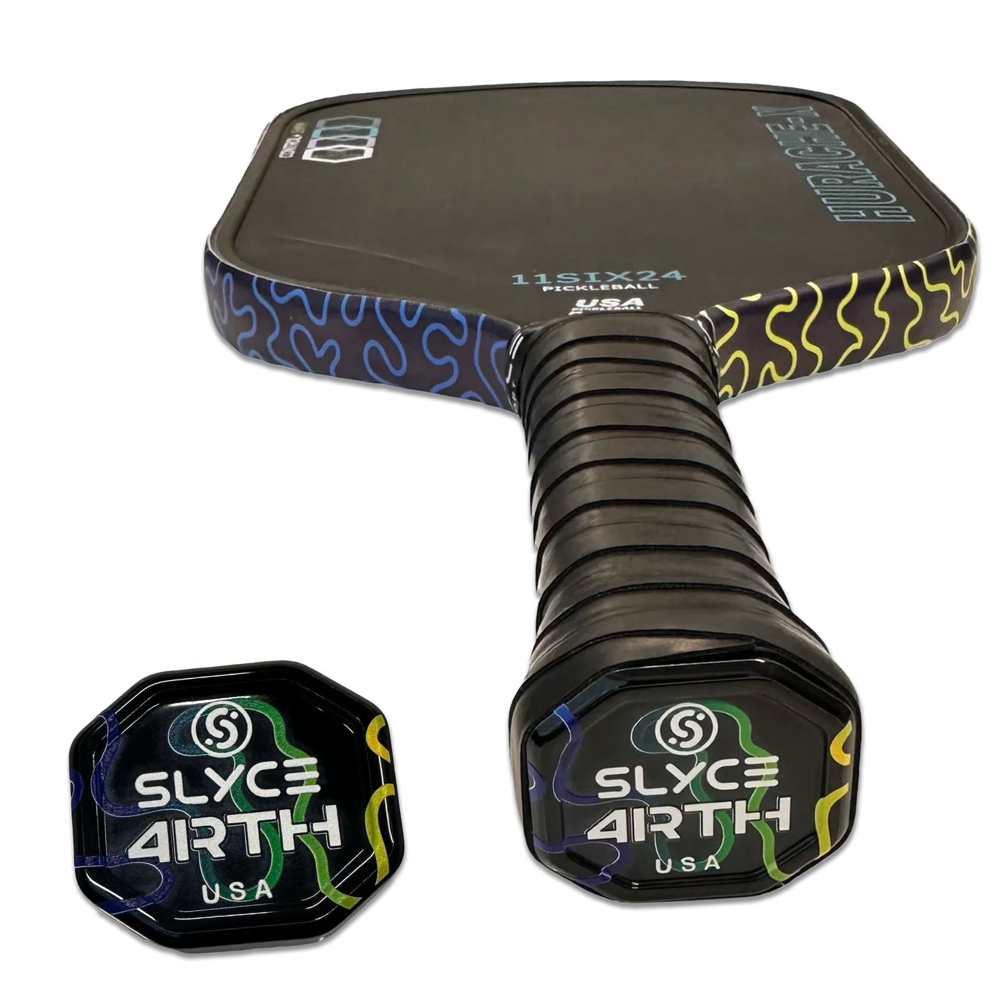 A black Slyce Sport Special Edition 4rth Squiggly Lines SpeedCap (28g, 1.0 oz.) Paddle Performance Enhancer with colorful green, blue, and yellow edge accents and matching black octagonal cover featuring the Slyce Sport logo.