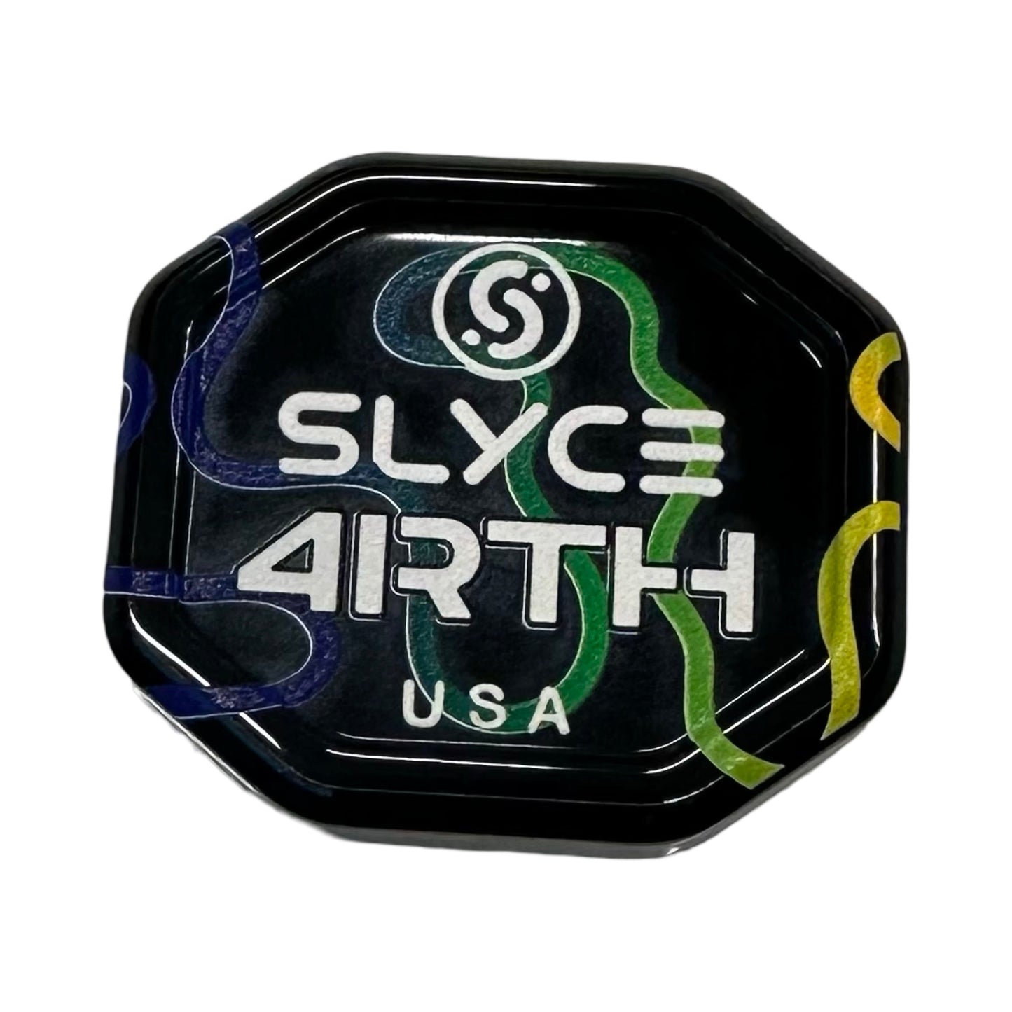 The Slyce Sport Special Edition 4rth Squiggly Lines SpeedCap (28g, 1.0 oz.) Paddle Performance Enhancer is a black octagonal tray featuring “SLYCE 4IRTH USA” in bold white text, wavy blue/green/yellow trim, and a circular logo above.