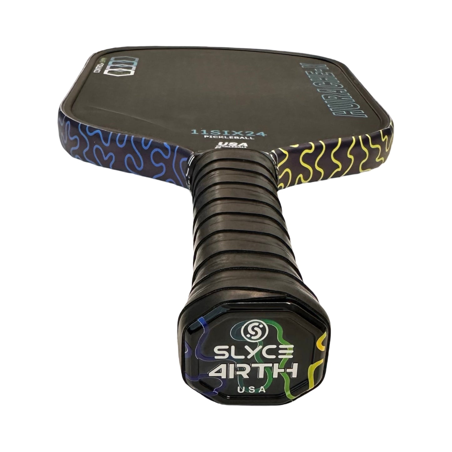 Close-up of Slyce Sport’s Special Edition 4rth Squiggly Lines SpeedCap (28g, 1.0 oz.) Paddle Performance Enhancer in black, featuring yellow, blue, and green patterned edges and the SLYCE 4RTH USA logo with multicolored accents on the grip cap.