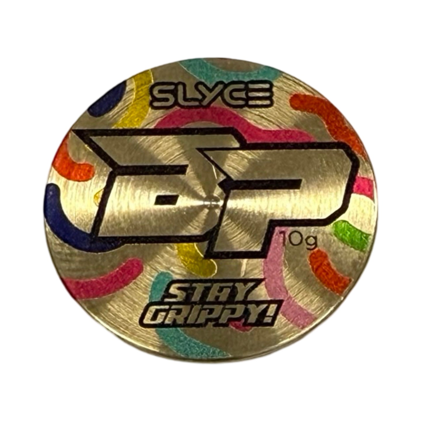 The Special Edition Bodhi Birthday Cake SpeedCoins Paddle Handle Weights by Slyce Sport are round, gold-toned tokens with "SP," colorful curves, "SLYCE," "10g paddle weight," and "STAY GRIPPY!" printed in black on the front.