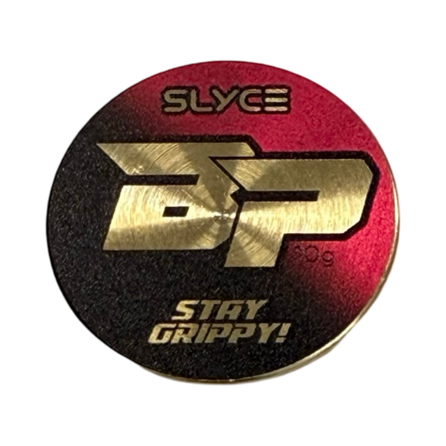 A shiny, round metallic object with a red-black gradient background. “SLYCE” is at the top, gold “BP” in the center, and “STAY GRIPPY!” below. Inspired by Special Edition Bodhi Black/Pink SpeedCoins paddle weights from Slyce Sport.