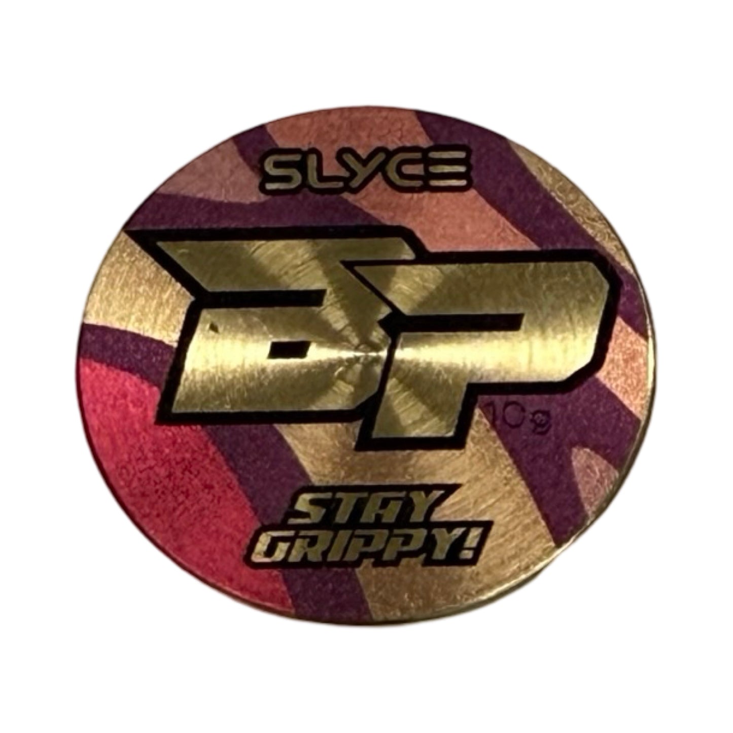A round, metallic Special Edition Bodhi Cotton Candy SpeedCoin by Slyce Sport features bold gold "SP" lettering on a red and purple abstract background, with "SLYCE" above and "STAY GRIPPY!" below in teal on white. Paddle handle weight design.