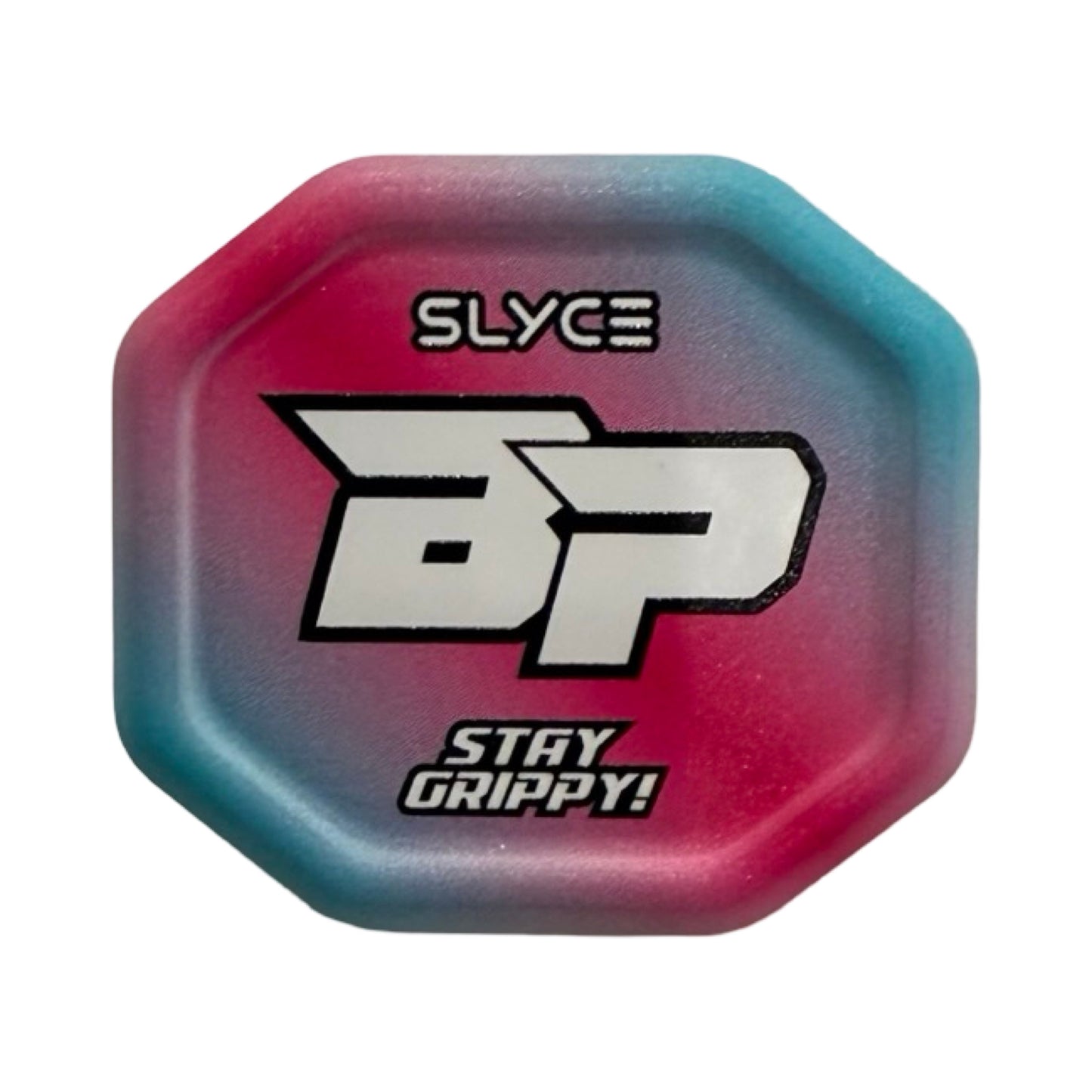 The Slyce Sport Special Edition Bodhi Pickleball Pink Stripe SpeedCap is a small, octagonal grip cap (28g, 1.0 oz.) featuring a blue-pink gradient, “SLYCE” and “BP” text, bold “STAY GRIPPY!” below, raised edge, and smooth finish.