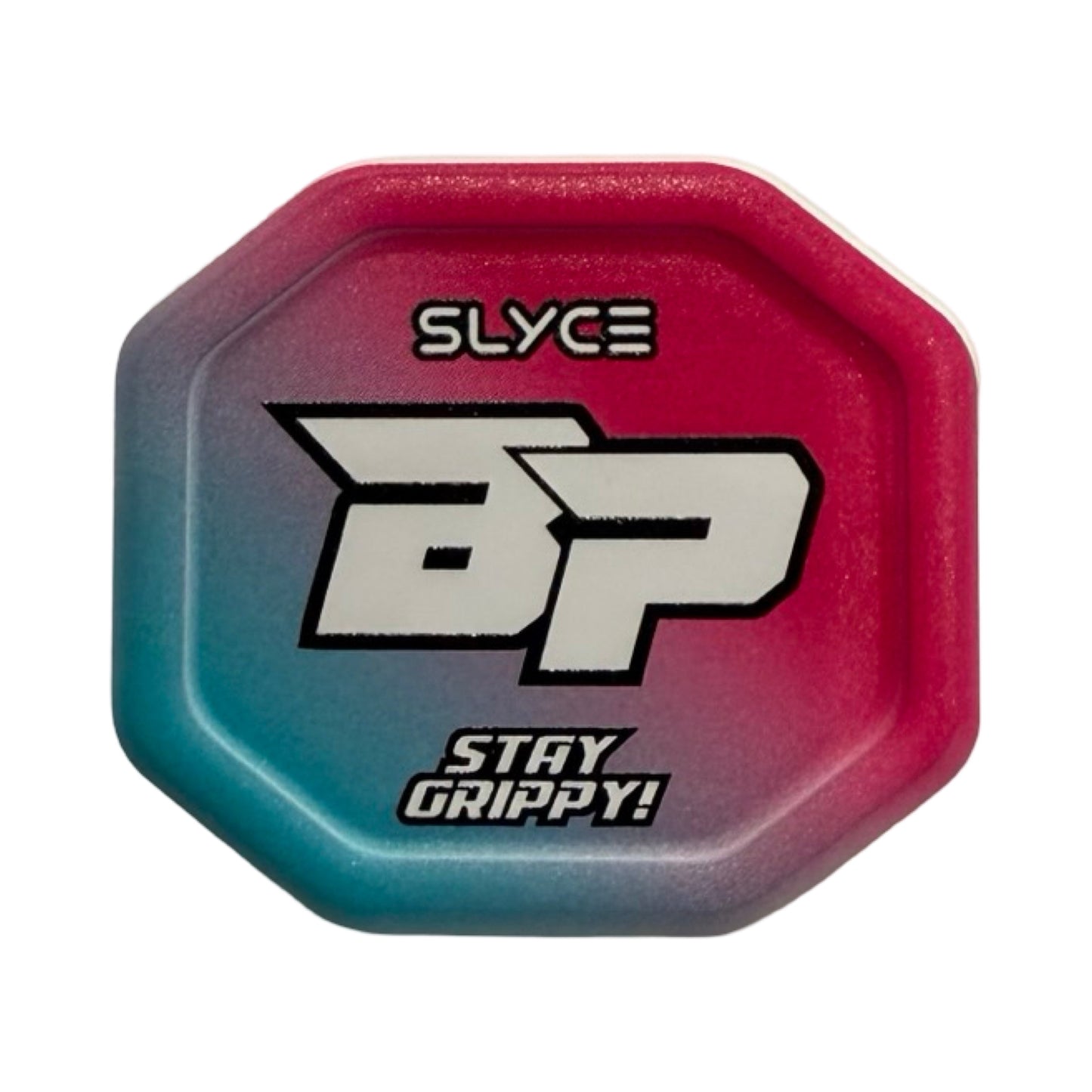 An octagonal Special Edition Bodhi Pickleball SpeedCap from Slyce Sport features a teal-to-pink gradient. "SLYCE" appears above large stylized BP letters, with "STAY GRIPPY!" in bold white below, highlighting this paddle grip cap.
