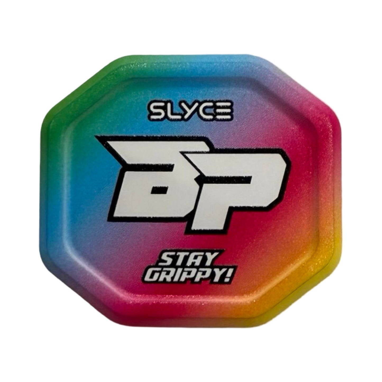The Special Edition Bodhi Pickleball SpeedCap by Slyce Sport features a colorful octagonal cap with a blue, green, yellow, pink, and red gradient, bold white “BP” initials outlined in black, “SLYCE” above, and “STAY GRIPPY!” below.