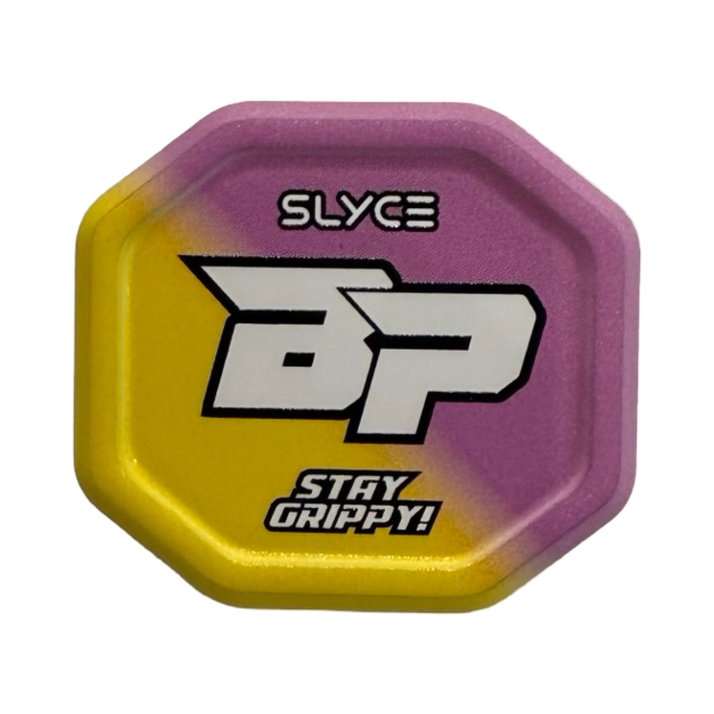 An octagonal Special Edition Bodhi Pickleball SpeedCap by Slyce Sport with a yellow-to-purple gradient. Bold white “SLYCE” at top, large BP letters center, and “STAY GRIPPY!” above a paddle grip cap graphic at the bottom.
