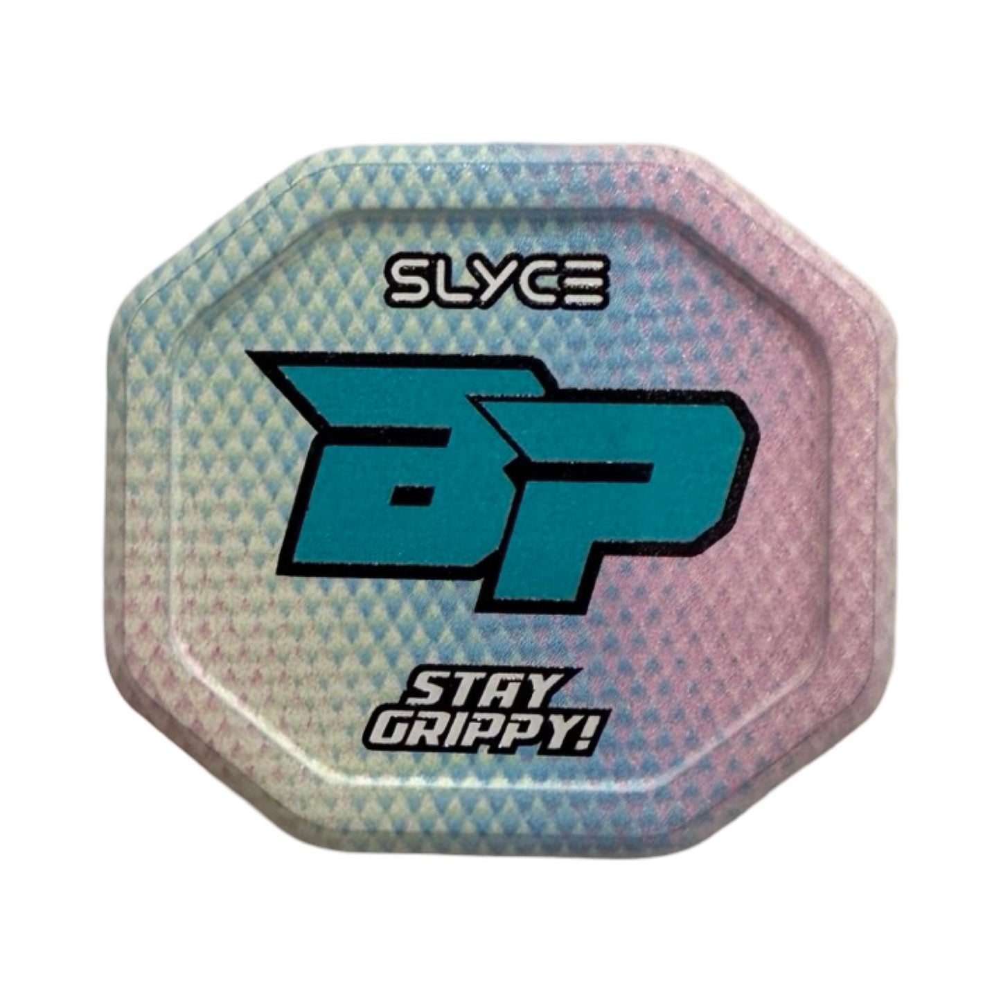 The Special Edition Bodhi Pickleball SpeedCap by Slyce Sport features a textured, octagonal grip with a blue, purple, and pink gradient, "SLYCE" at the top, a bold blue BP logo in the center, and "STAY GRIPPY!" at the bottom.